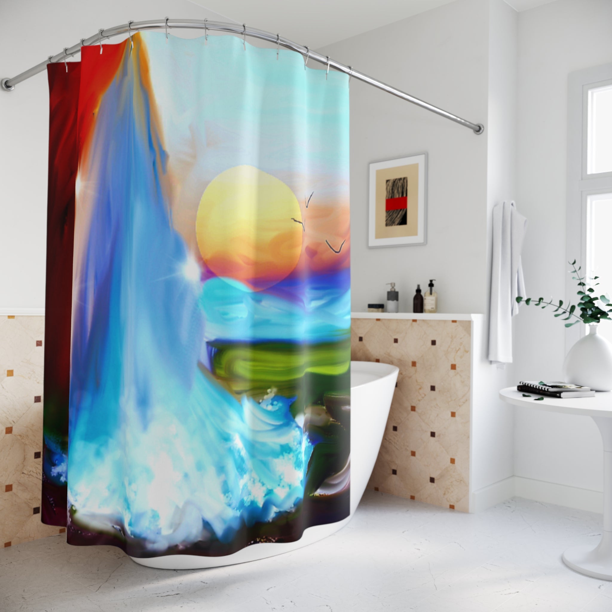 Sunset Waterfall Shower Curtain – Abstract Beachscape Bathroom Decor