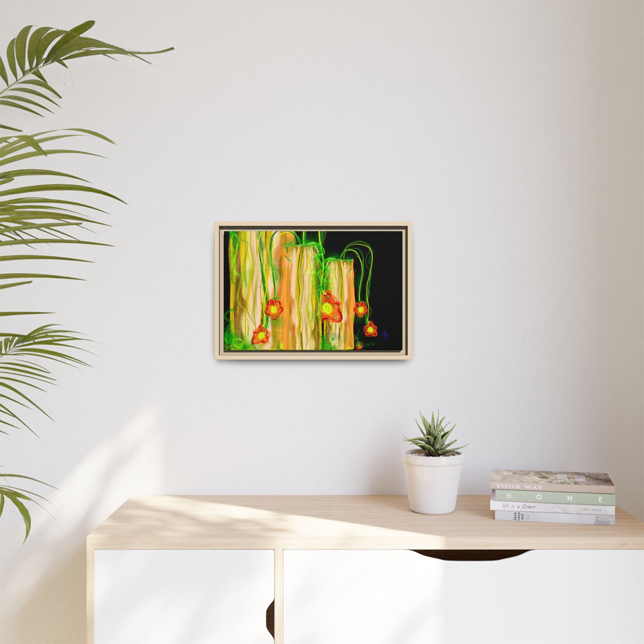 Framed Matte Canvas Print — Neon Floral Candlelight Art