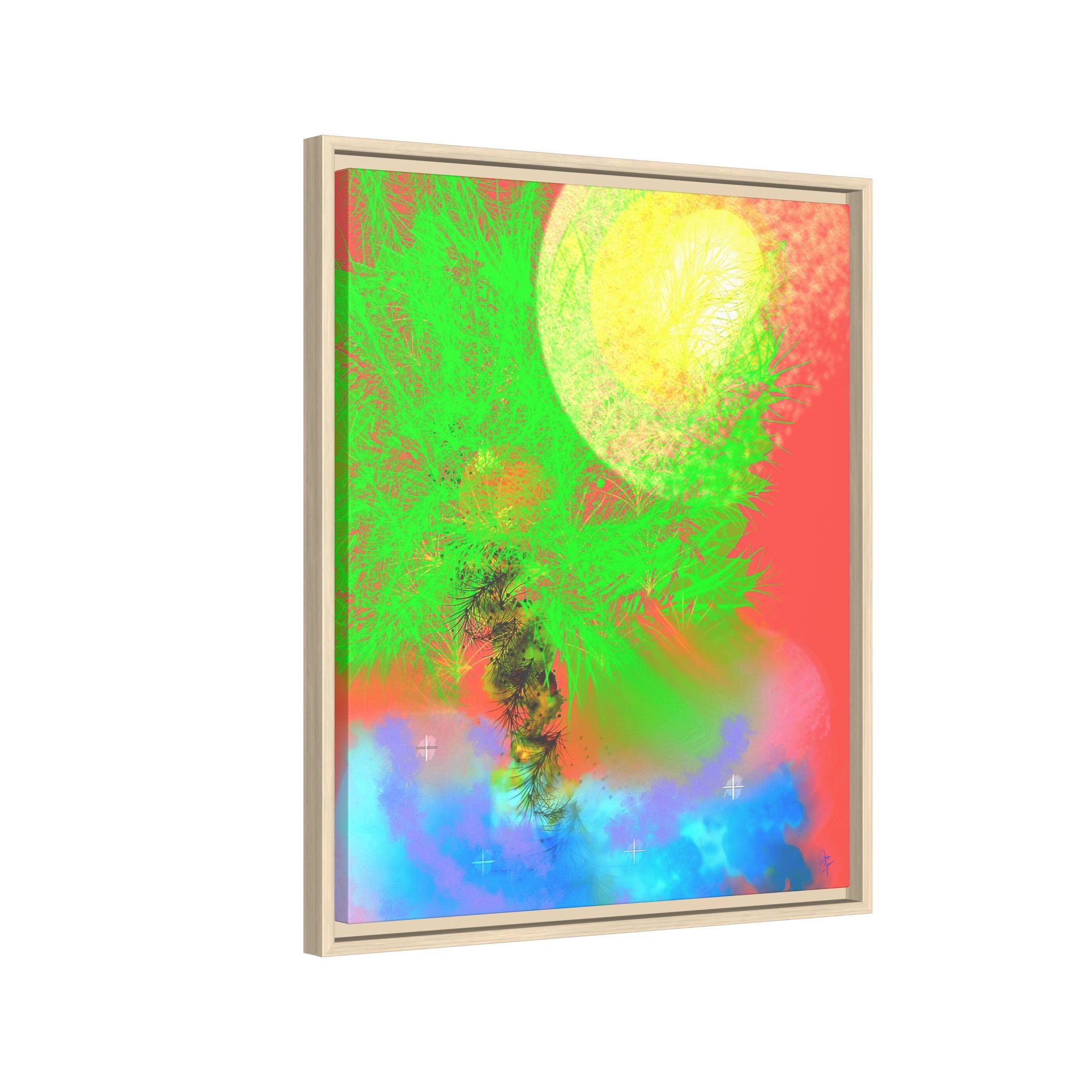 Abstract Neon Tree Matte Canvas Framed Art — Vibrant Green Moon Landscape
