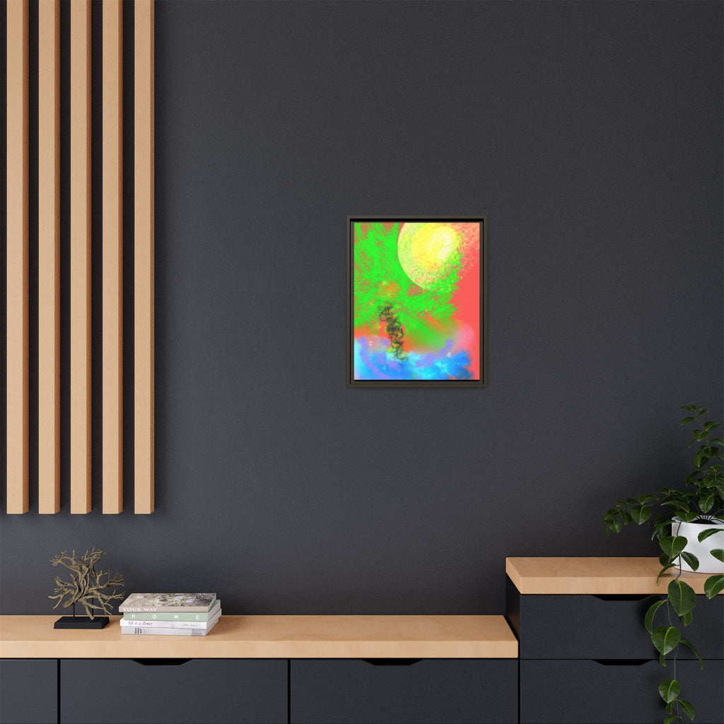 Abstract Neon Tree Matte Canvas Framed Art — Vibrant Green Moon Landscape