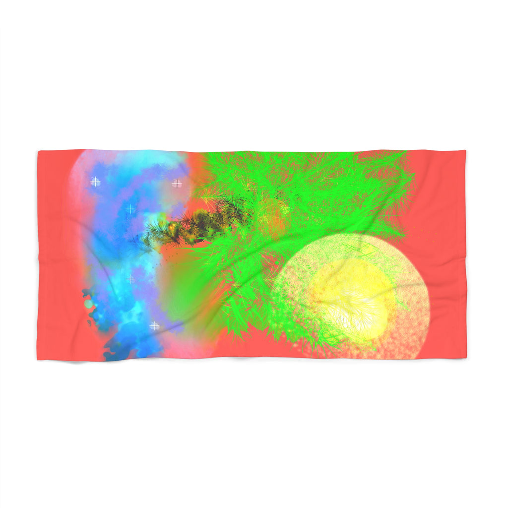 Abstract Sunset Beach Towel - Vibrant Coral, Neon Green & Blue Tropical Design