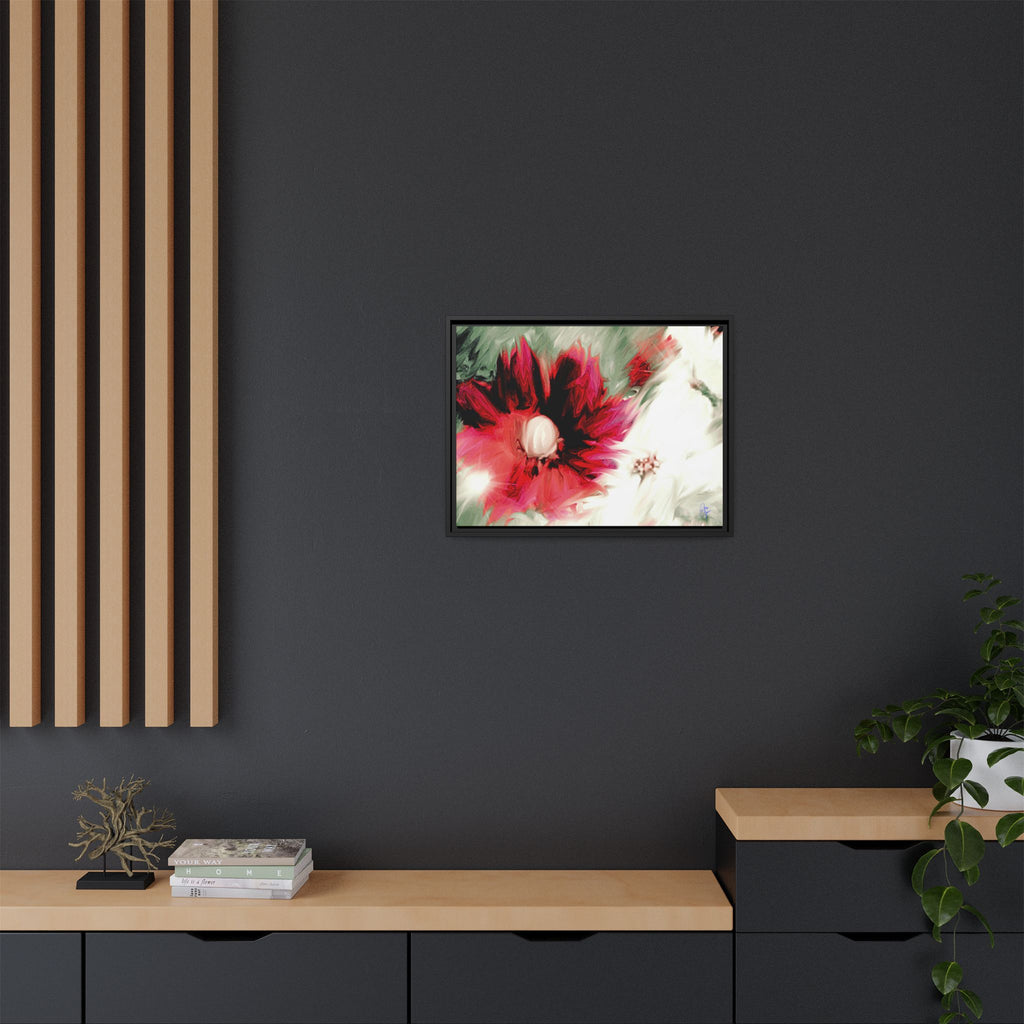 Framed Matte Canvas Print — Blurred Red & White Floral Art