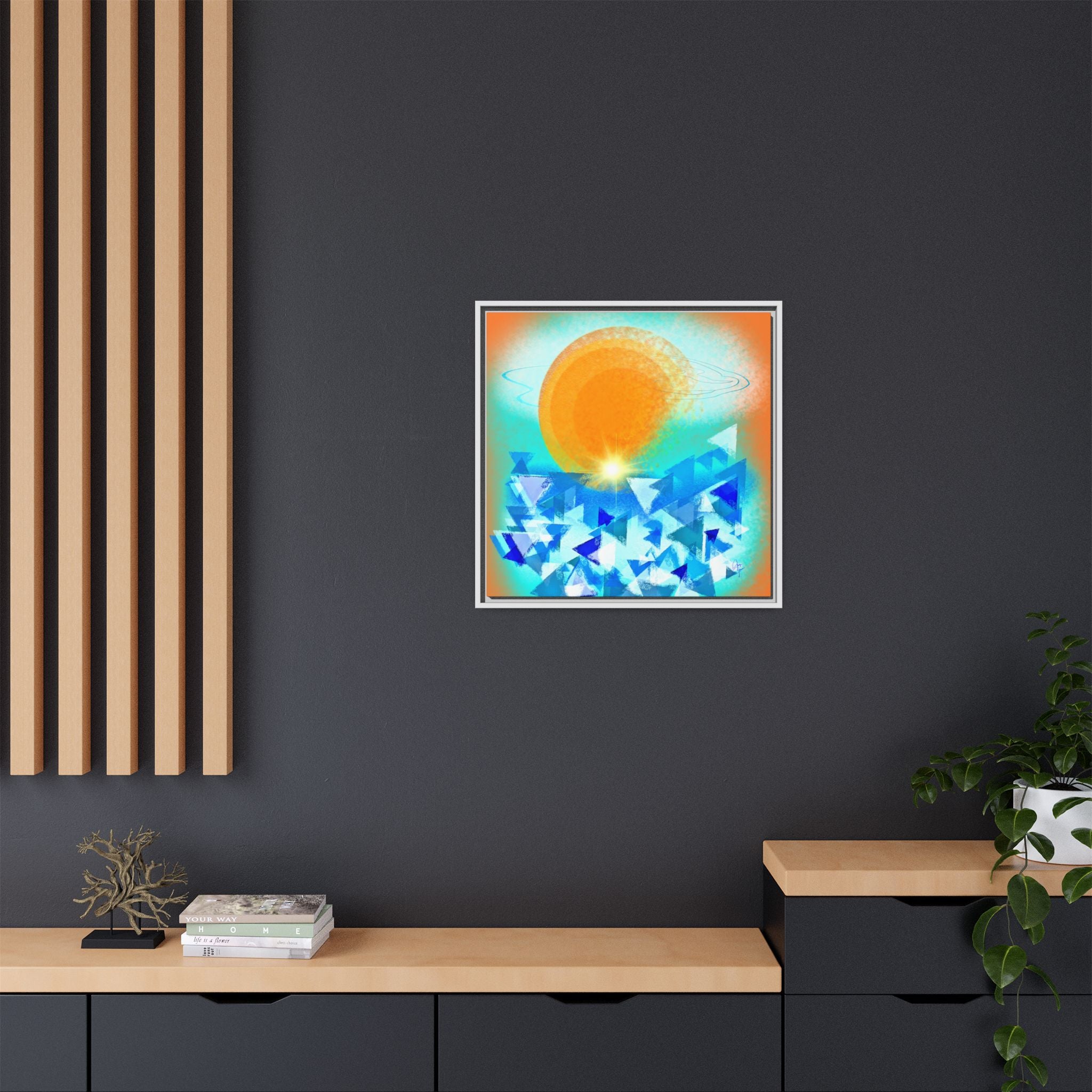 Abstract Sunrise Framed Canvas Art – Orange Sun Over Blue Geometric Waves