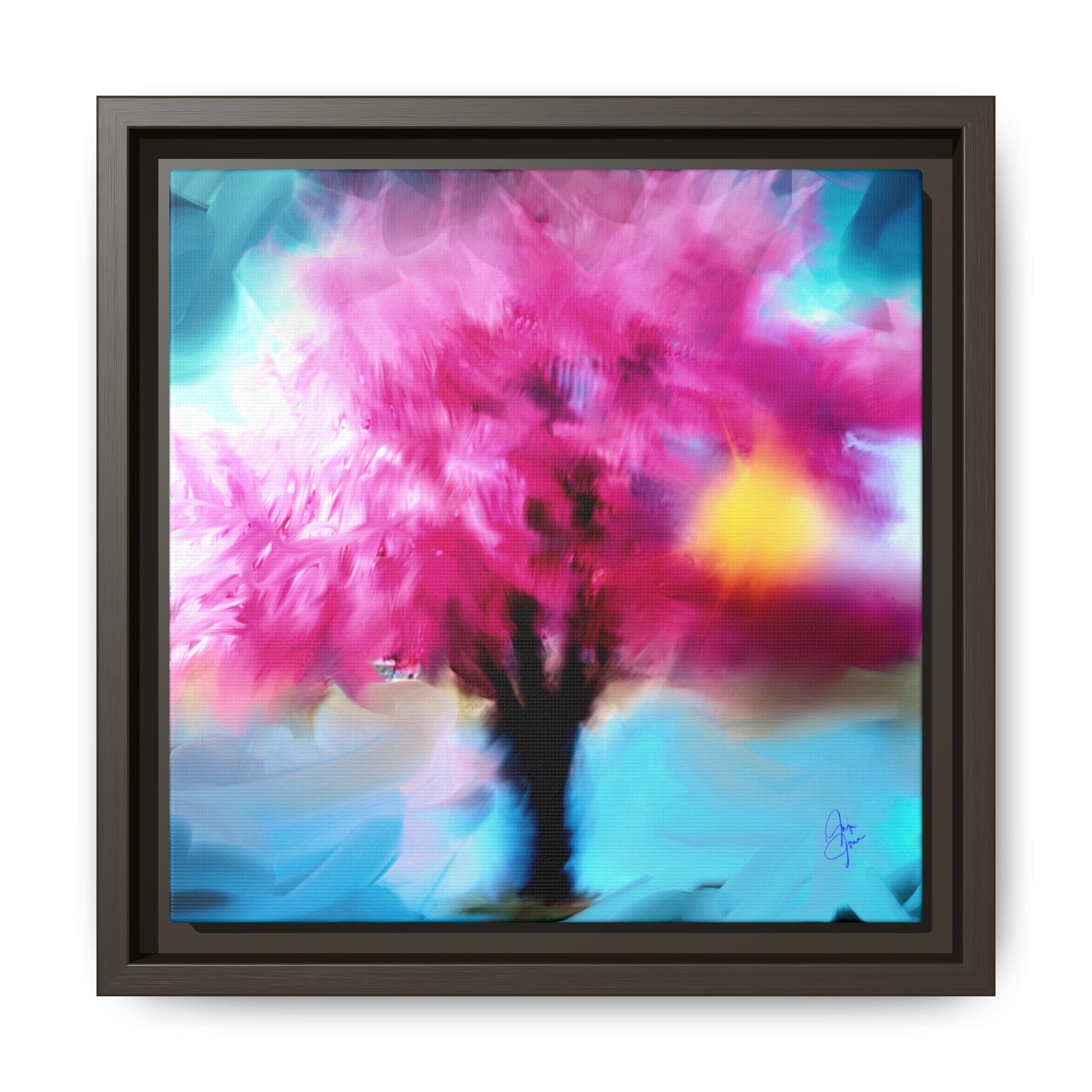 Framed Abstract Blossom Canvas — Vertical Pink & Blue Wall Art