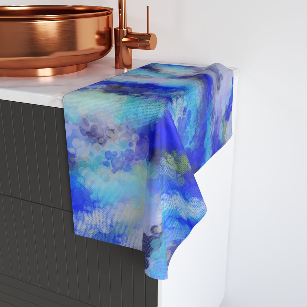 Blue Watercolor Burst Hand Towel — Abstract Ocean Tie-Dye Bathroom Accent