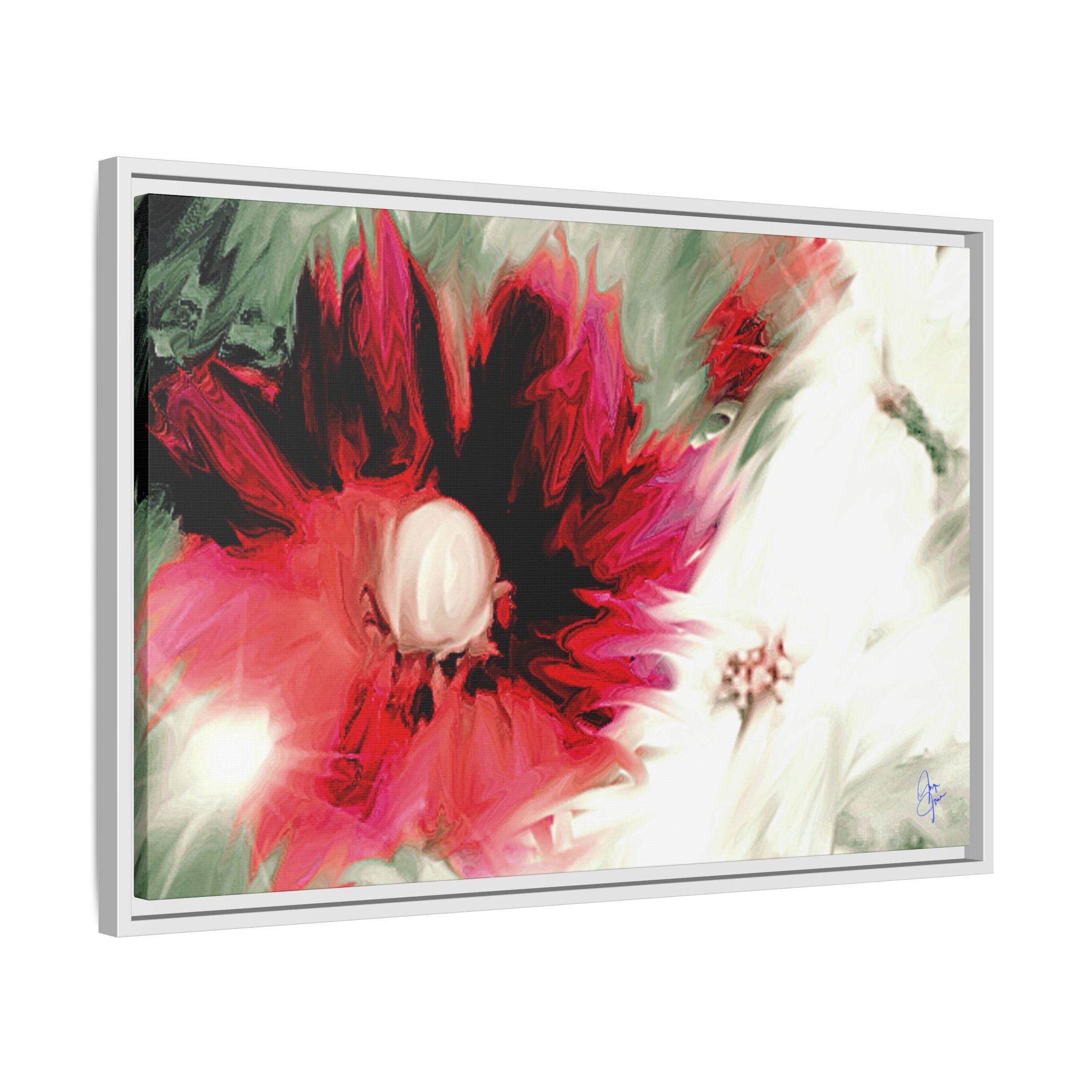 Framed Matte Canvas Print — Blurred Red & White Floral Art