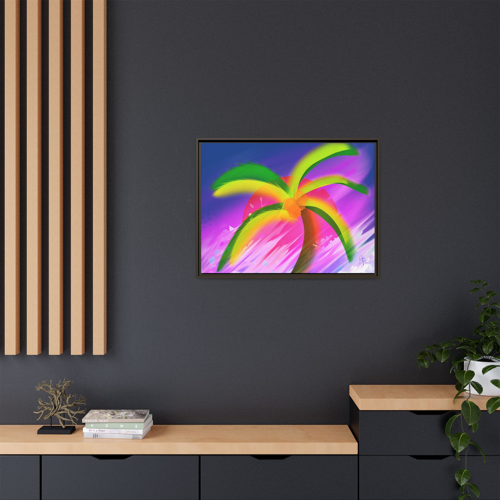 Framed Matte Canvas Print — Neon Palm Beach Art