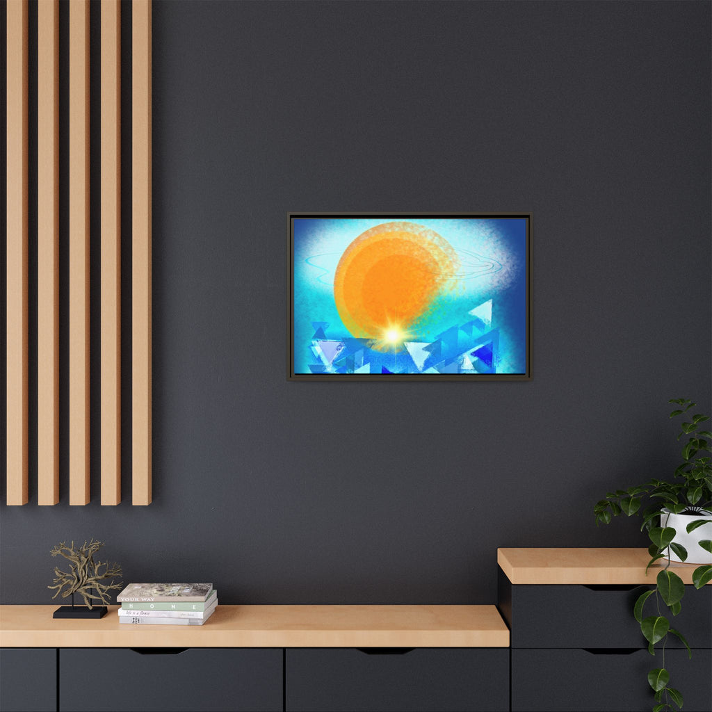 Abstract Sunrise Framed Canvas Art – Orange Sun Over Blue Geometric Waves