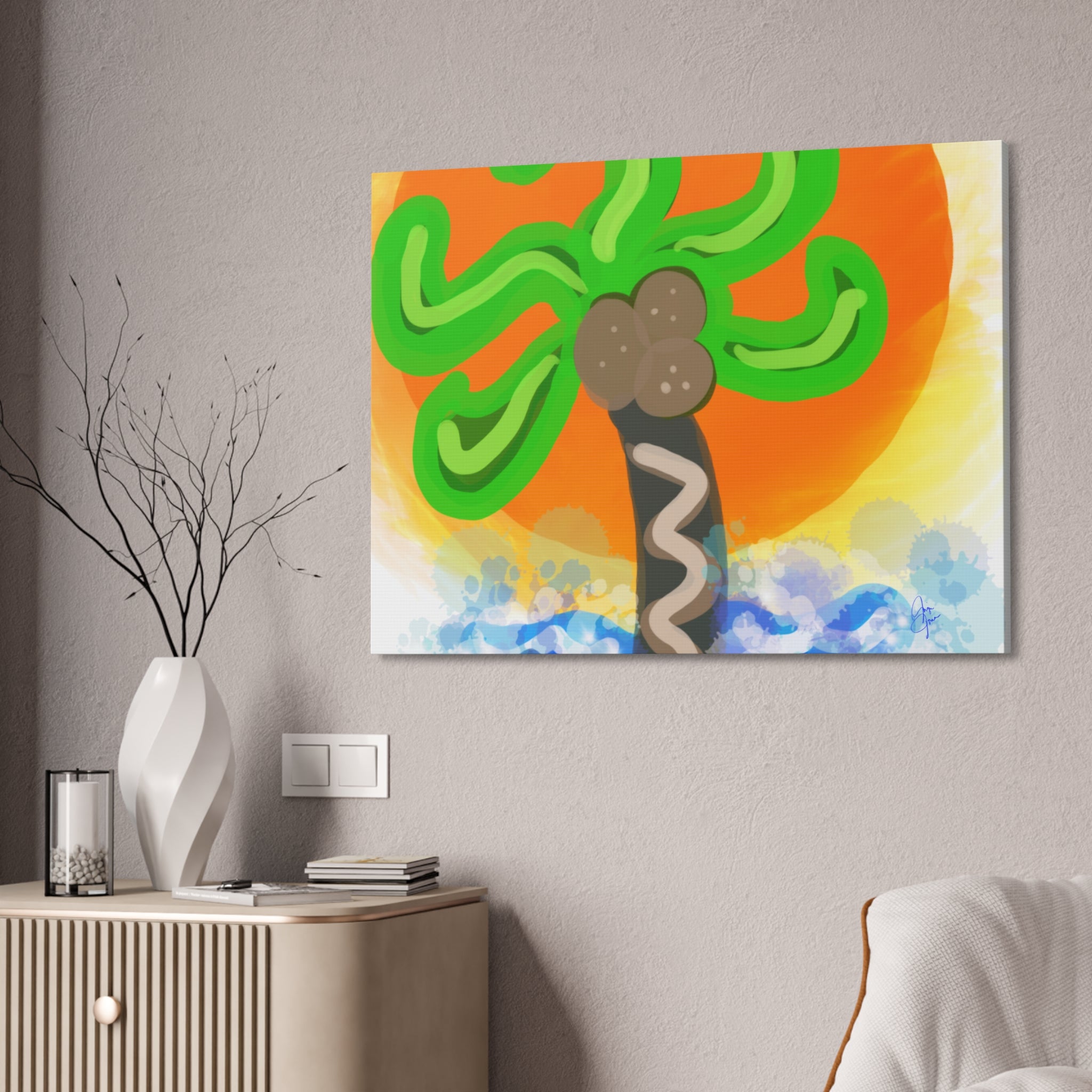 Palm Tree Sunset Canvas Print — Whimsical Tropical Wall Art