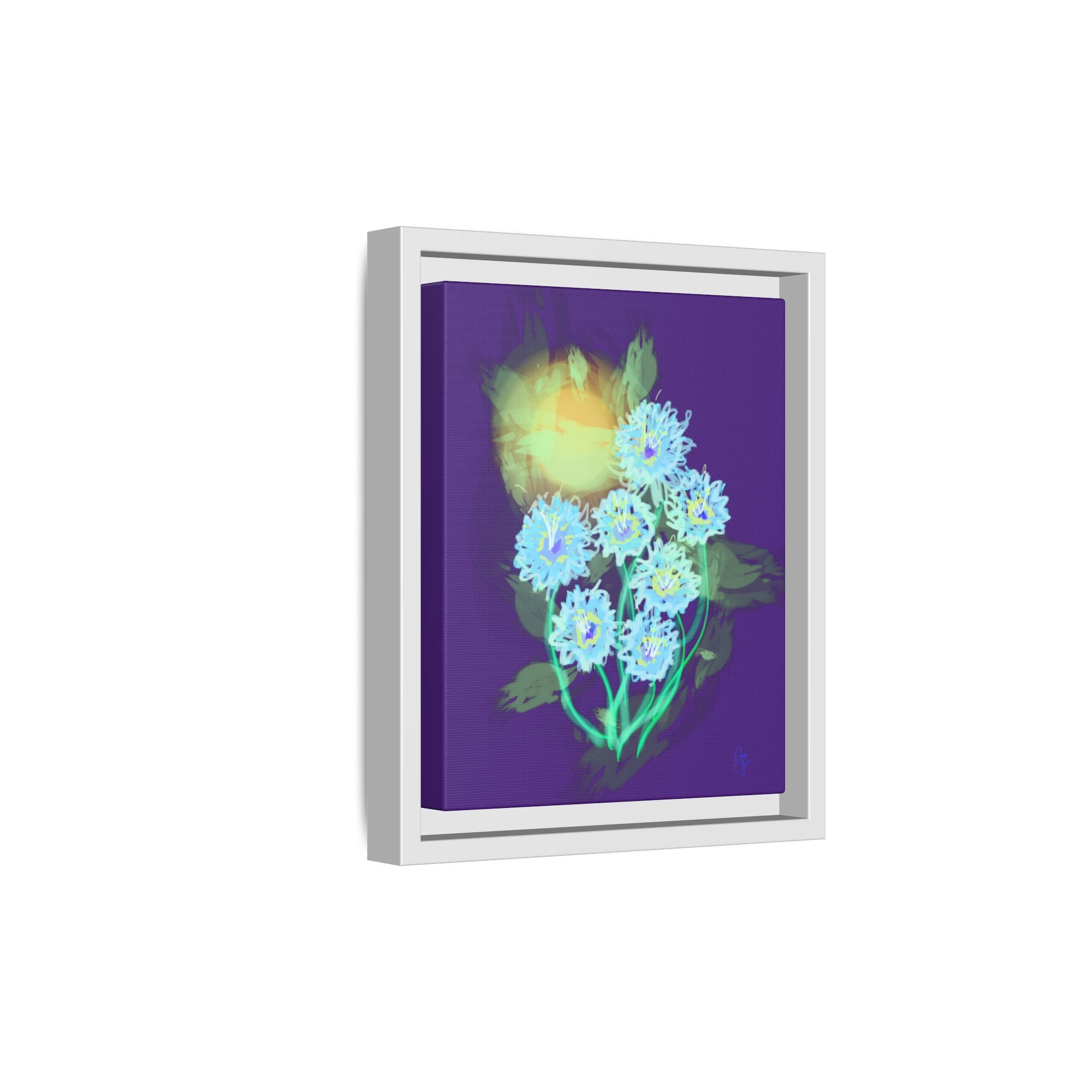 Framed Floral Canvas Art — Blue & Yellow Abstract Bouquet (Matte)