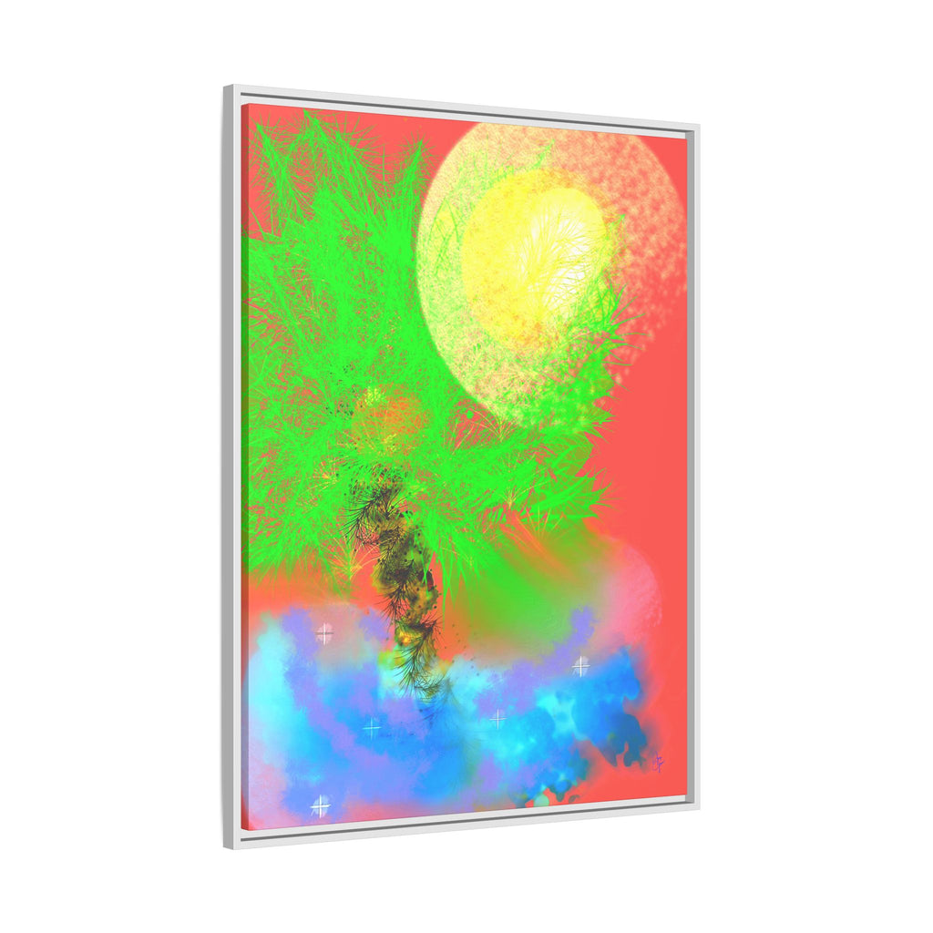 Abstract Neon Tree Matte Canvas Framed Art — Vibrant Green Moon Landscape