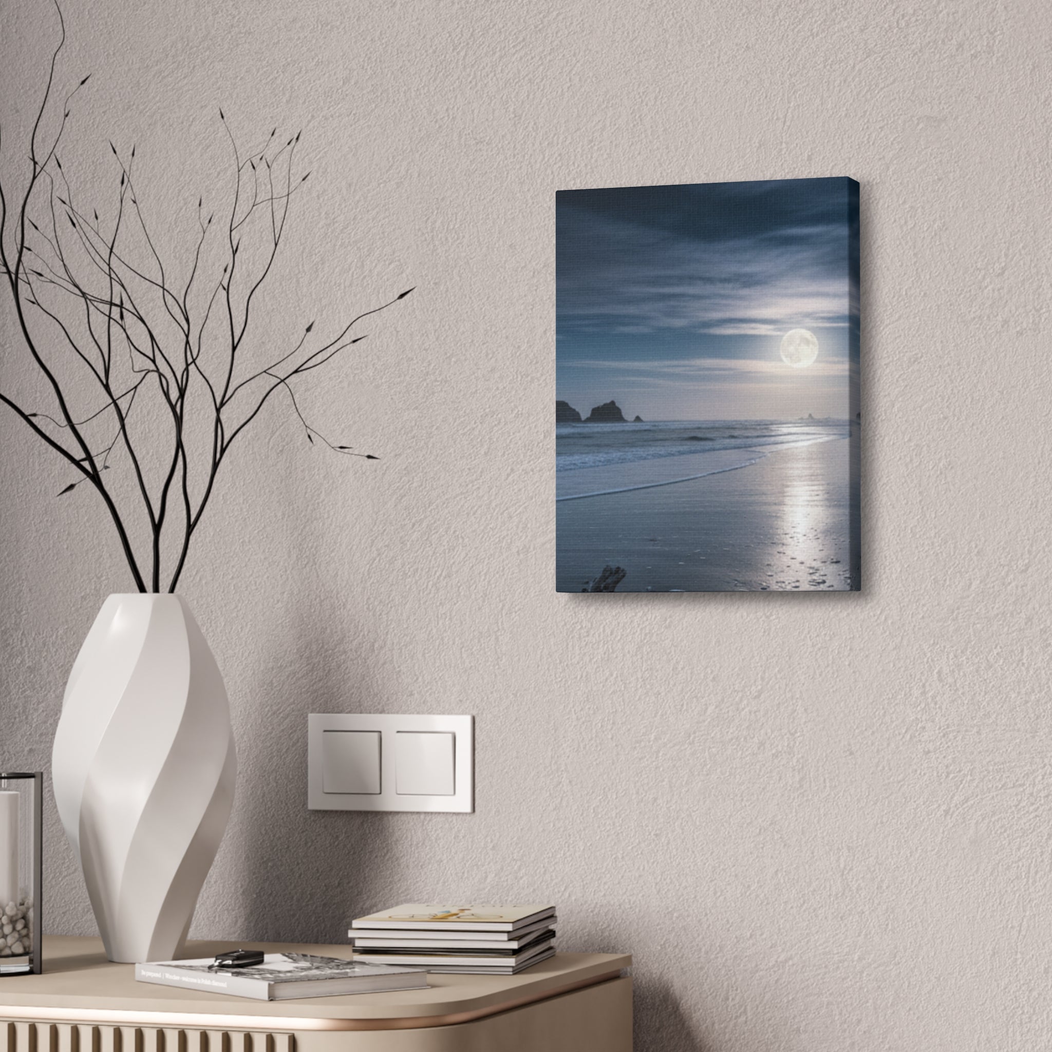Moonlit Beach Canvas Wall Art — Tranquil Ocean Nightscape