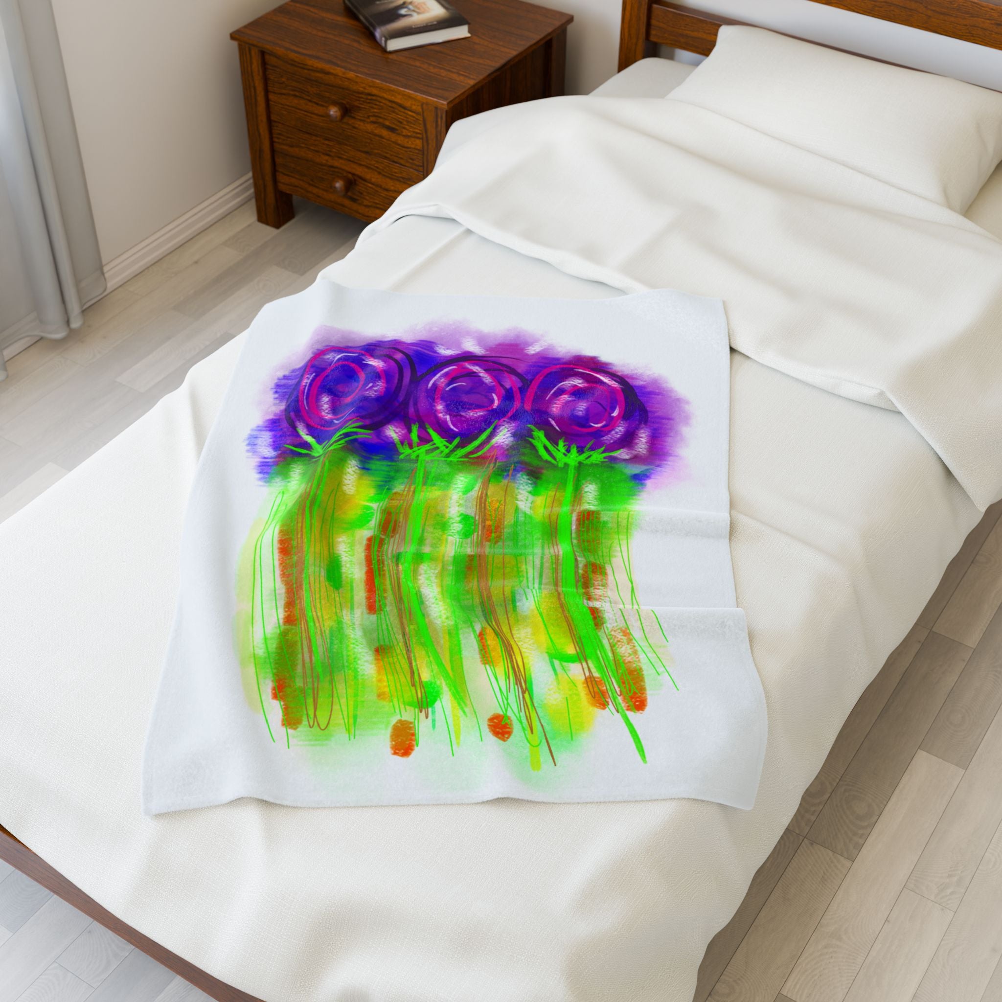 Velveteen Plush Blanket — Watercolor Purple Roses Floral Throw for Cozy Home & Gift