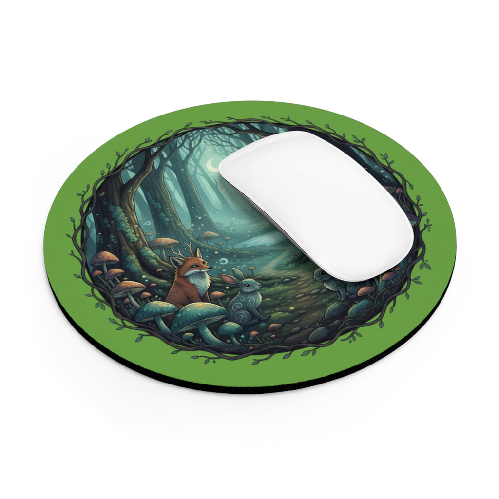 Round Enchanted Forest Mouse Pad — Fox & Rabbit Moonlit Desk Mat