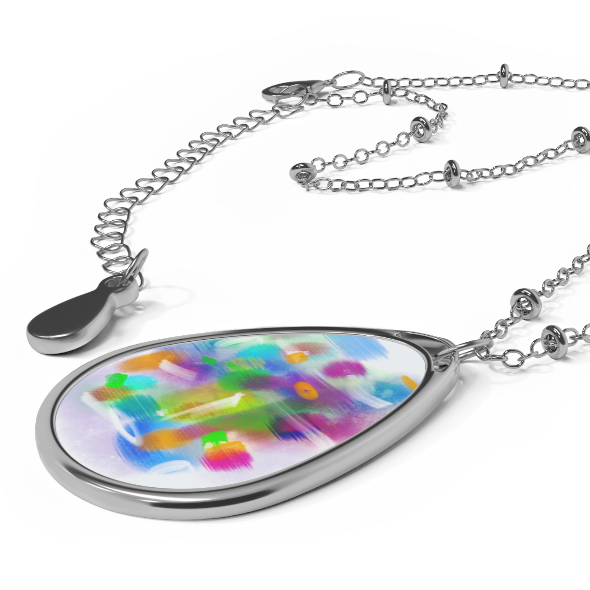 Color Splash Oval Pendant Necklace — Abstract Art Teardrop Jewelry