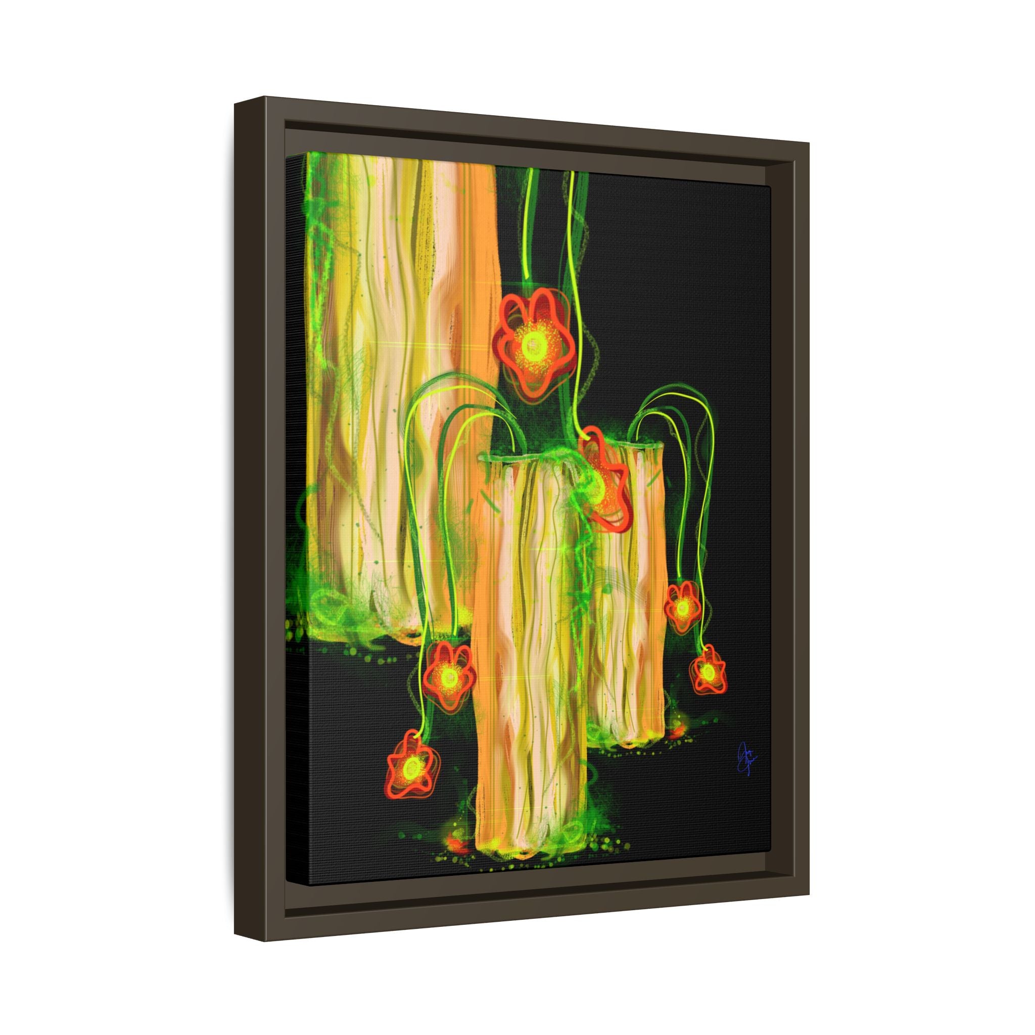 Framed Matte Canvas Print — Neon Floral Candlelight Art