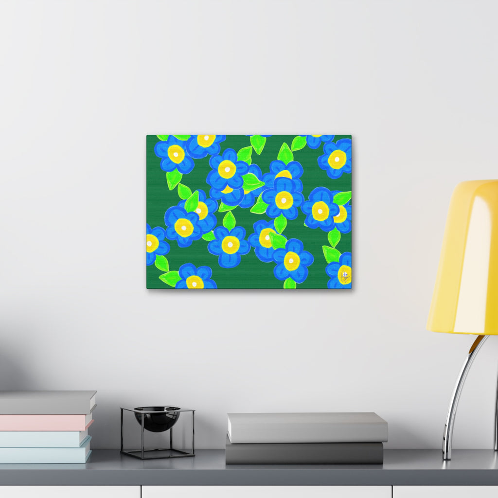 Blue Floral Canvas Wall Art — Bright Hand-Drawn Flowers on Mustard Background