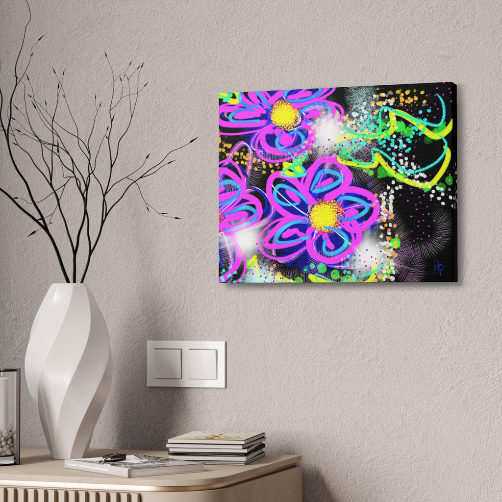 Vibrant Neon Floral Canvas Print — Pink & Green Stretched Wall Art
