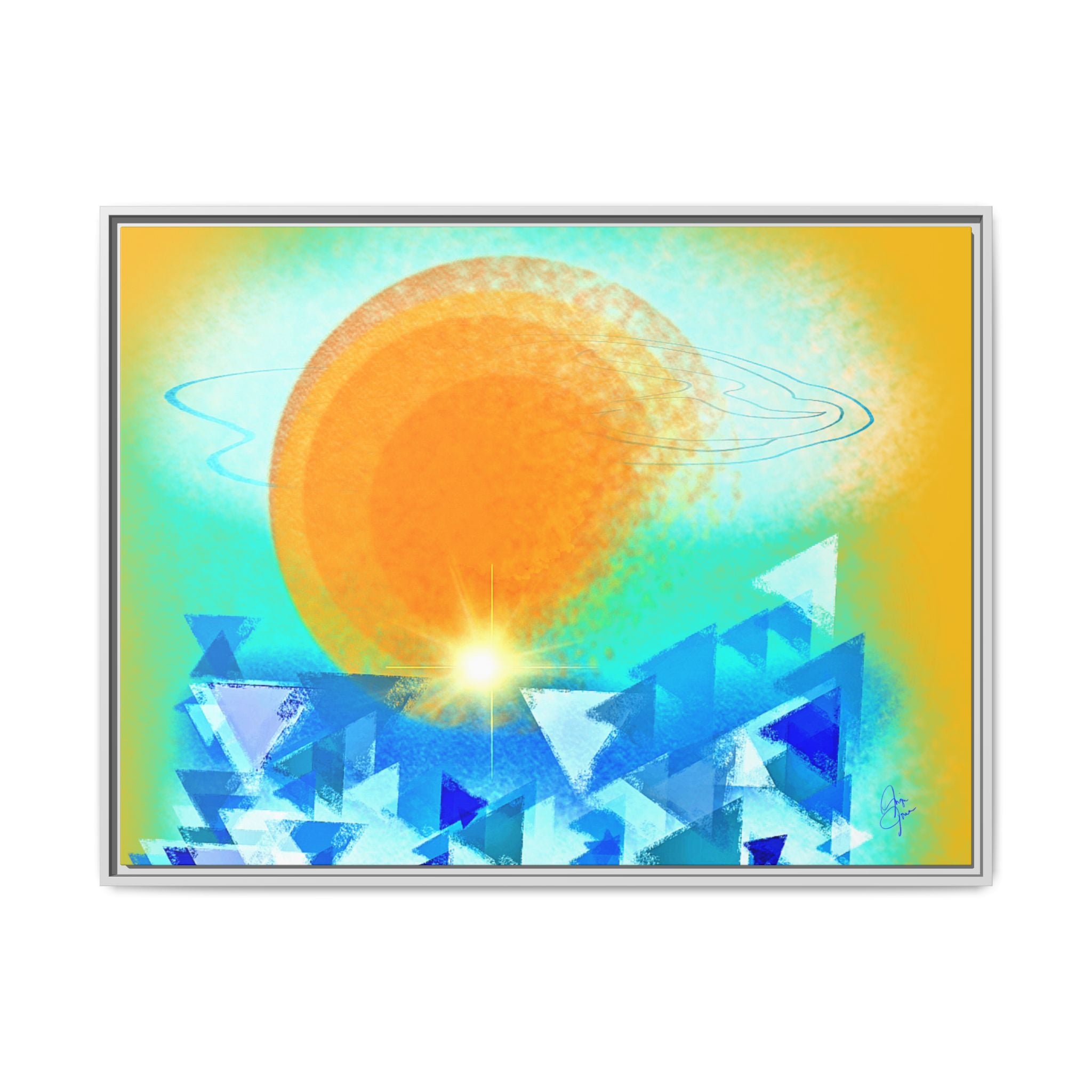Abstract Sunrise Framed Canvas Art – Orange Sun Over Blue Geometric Waves