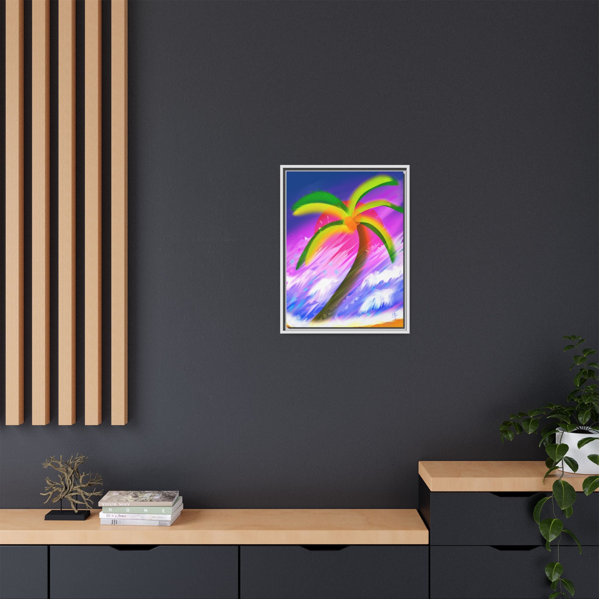 Framed Matte Canvas Print — Neon Palm Beach Art