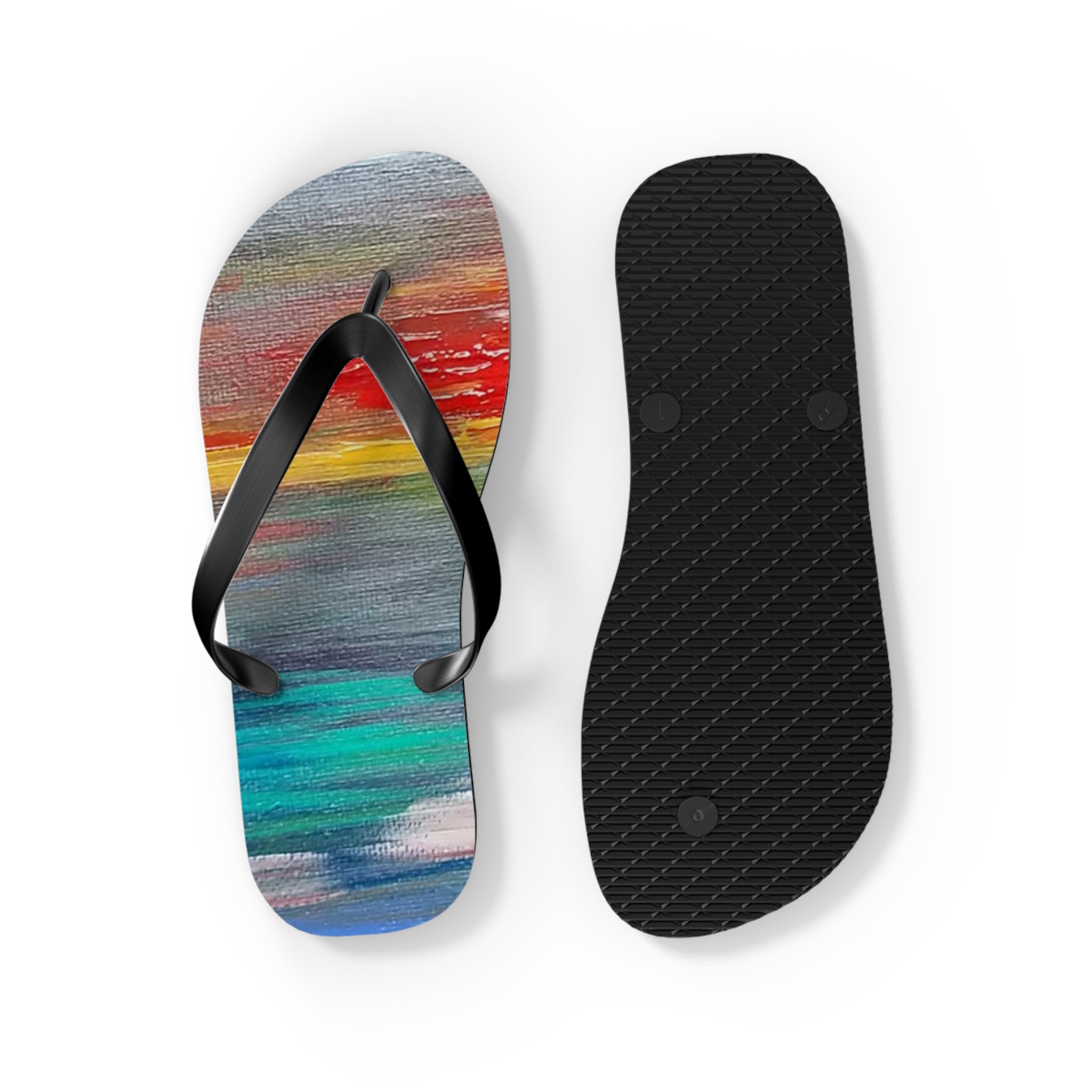 Watercolor Sunset Flip Flops — Colorful Beach Sandal for Summer & Vacation