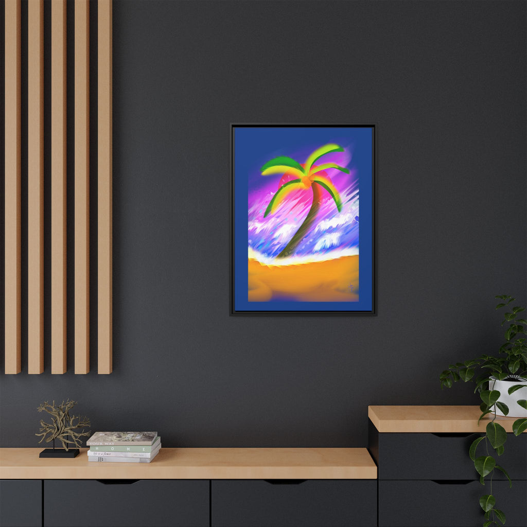Framed Matte Canvas Print — Neon Palm Beach Art