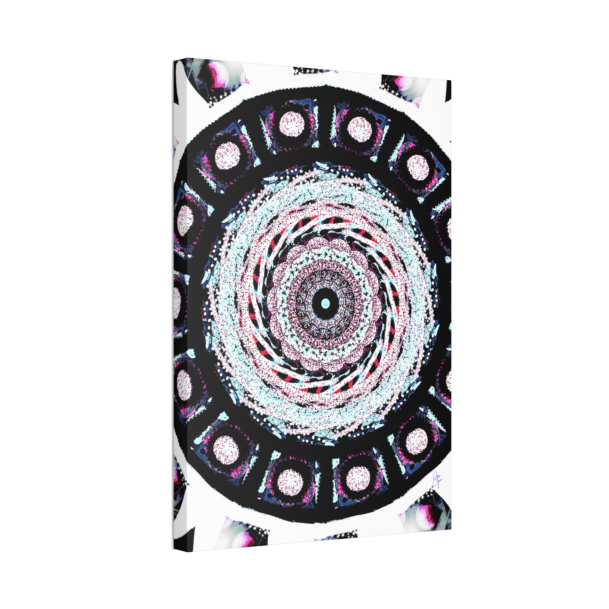 Mandala Kaleidoscope Canvas Wall Art — Psychedelic Pink & Teal Stretched Canvas (1.5")