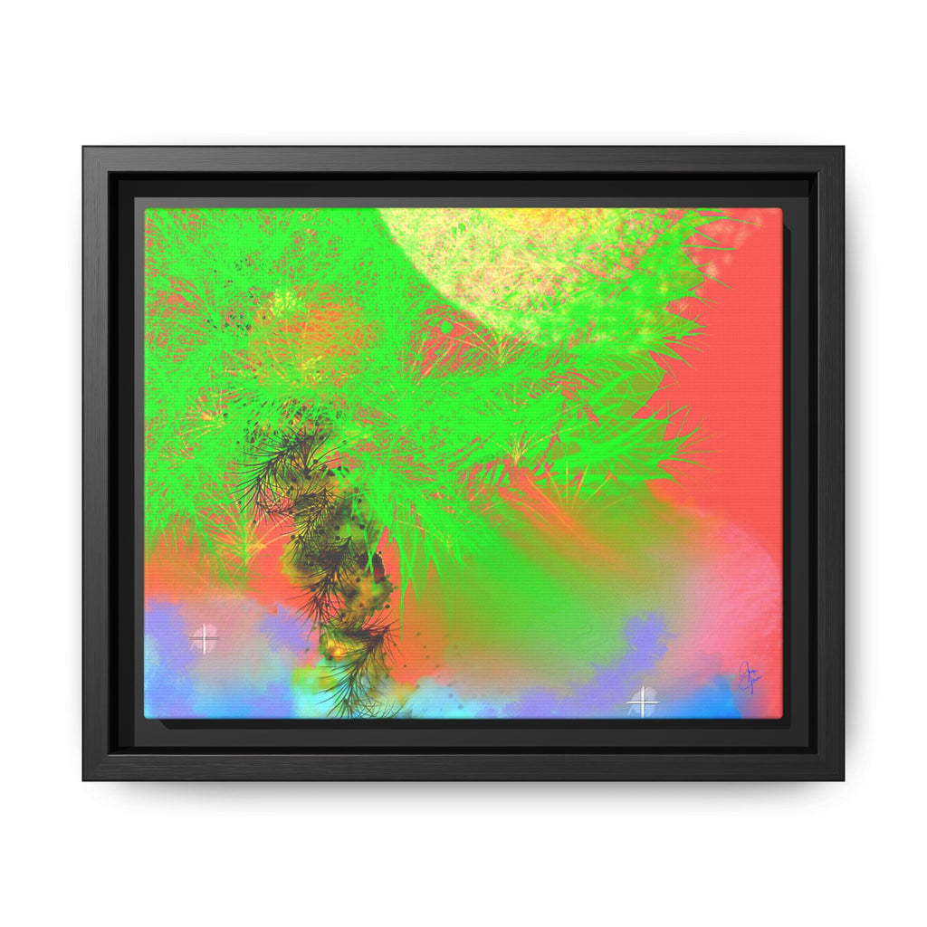Abstract Neon Tree Matte Canvas Framed Art — Vibrant Green Moon Landscape