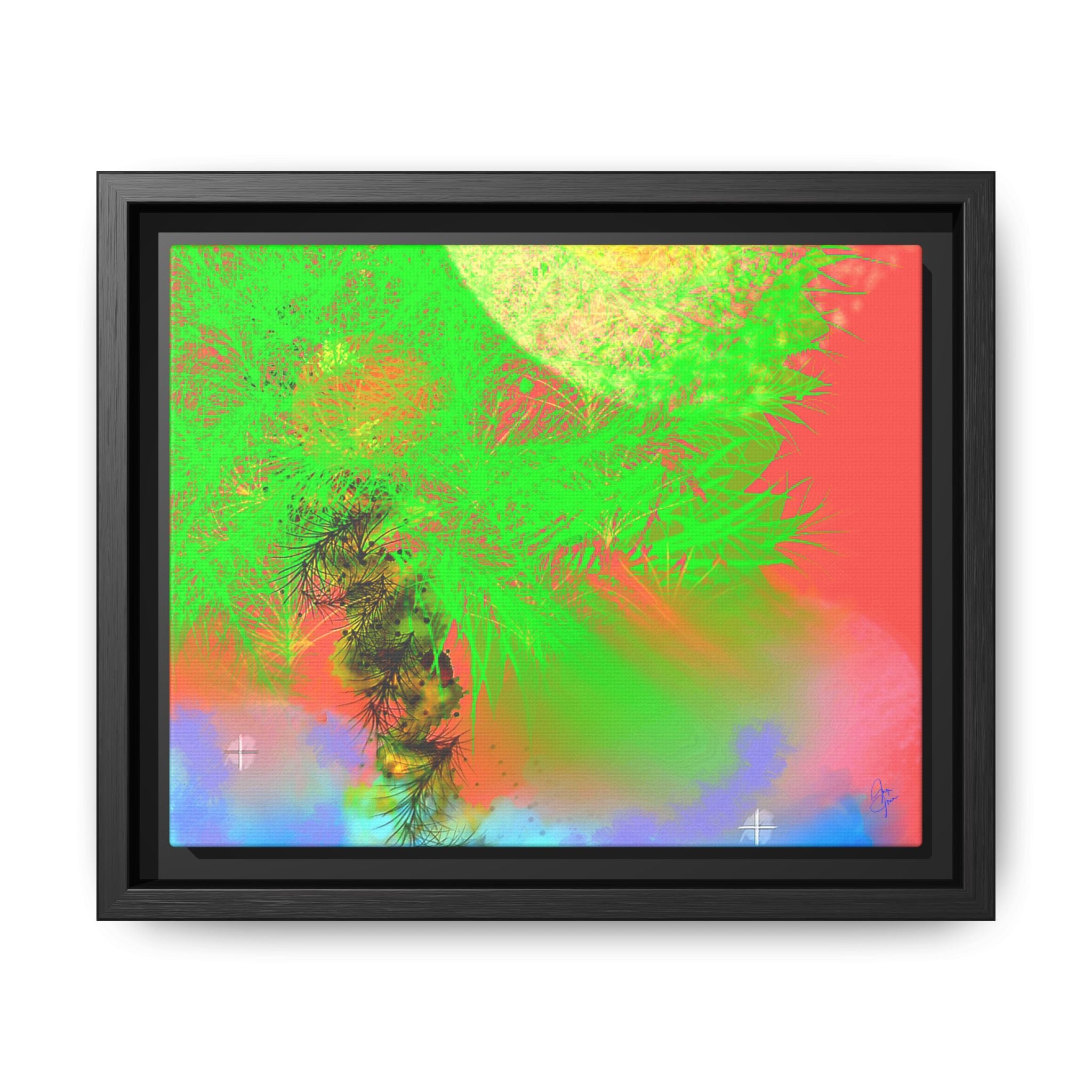 Abstract Neon Tree Matte Canvas Framed Art — Vibrant Green Moon Landscape