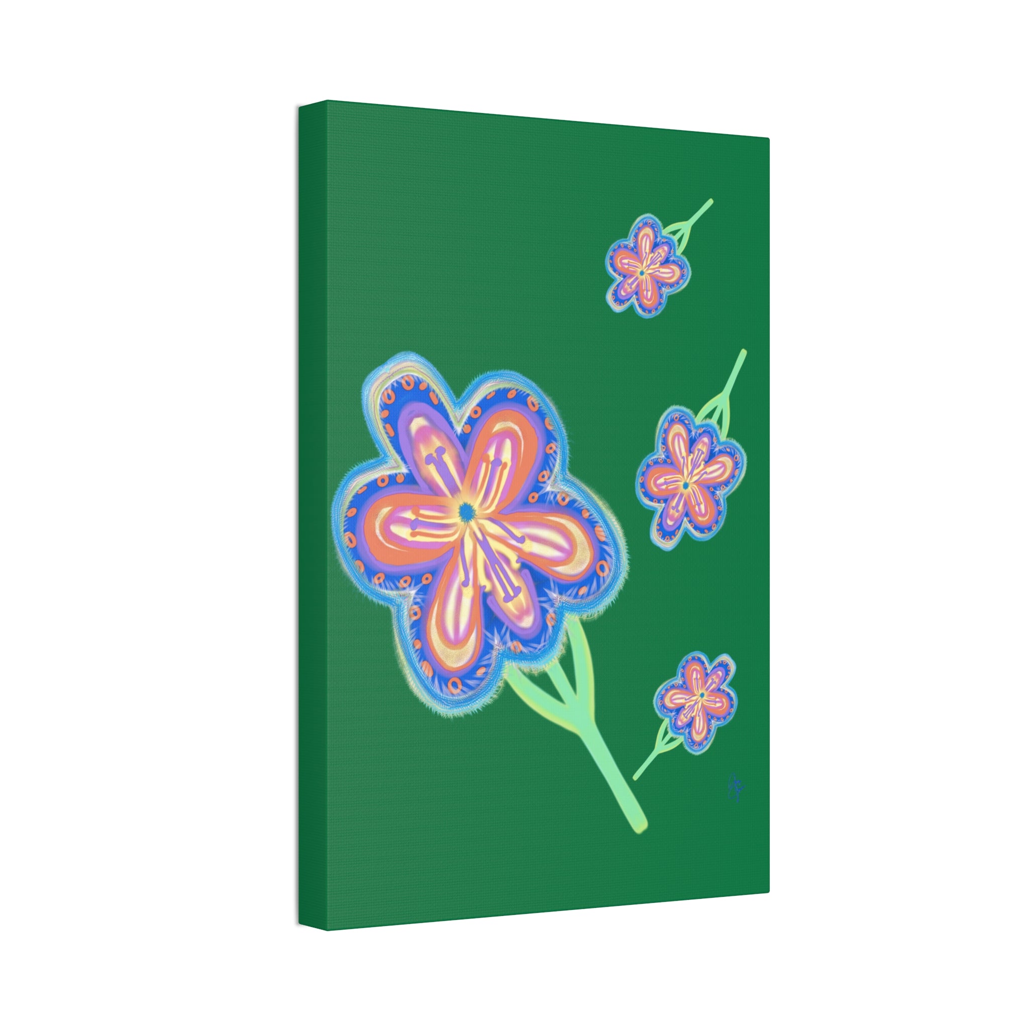 Floral Pop Canvas — Bright Blue Hand-Drawn Flowers Stretched Canvas