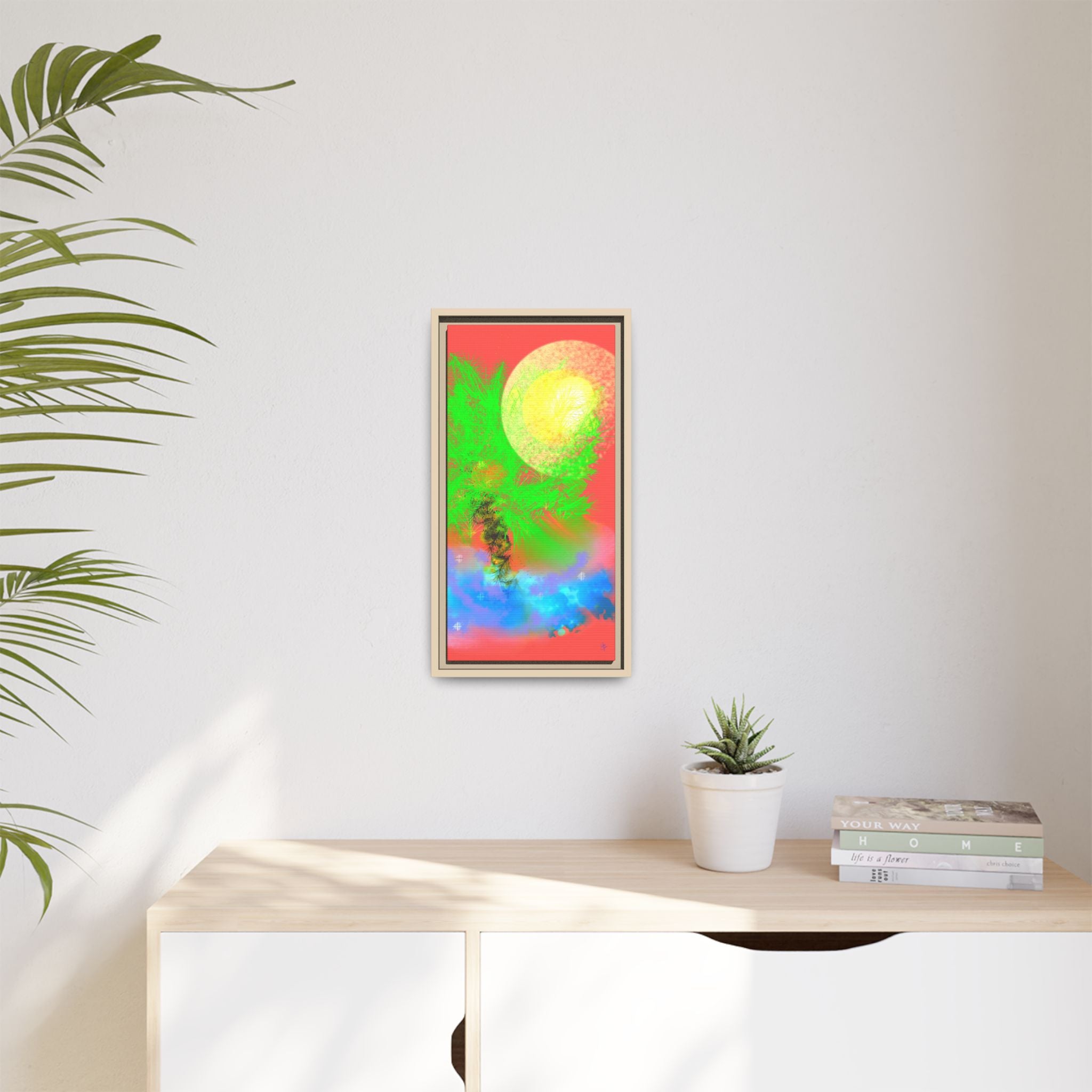 Abstract Neon Tree Matte Canvas Framed Art — Vibrant Green Moon Landscape