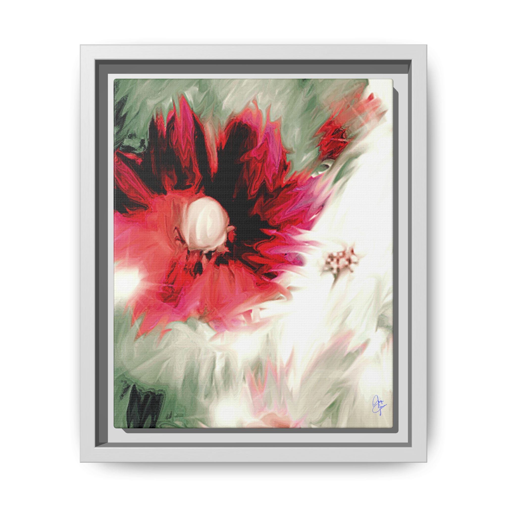 Framed Matte Canvas Print — Blurred Red & White Floral Art