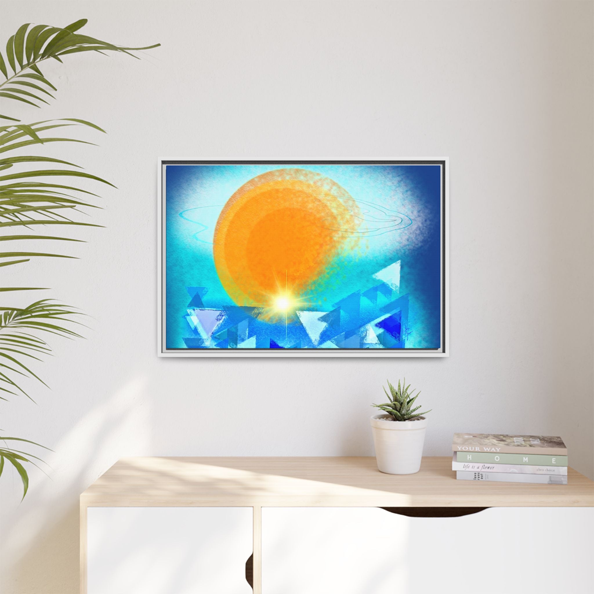 Abstract Sunrise Framed Canvas Art – Orange Sun Over Blue Geometric Waves