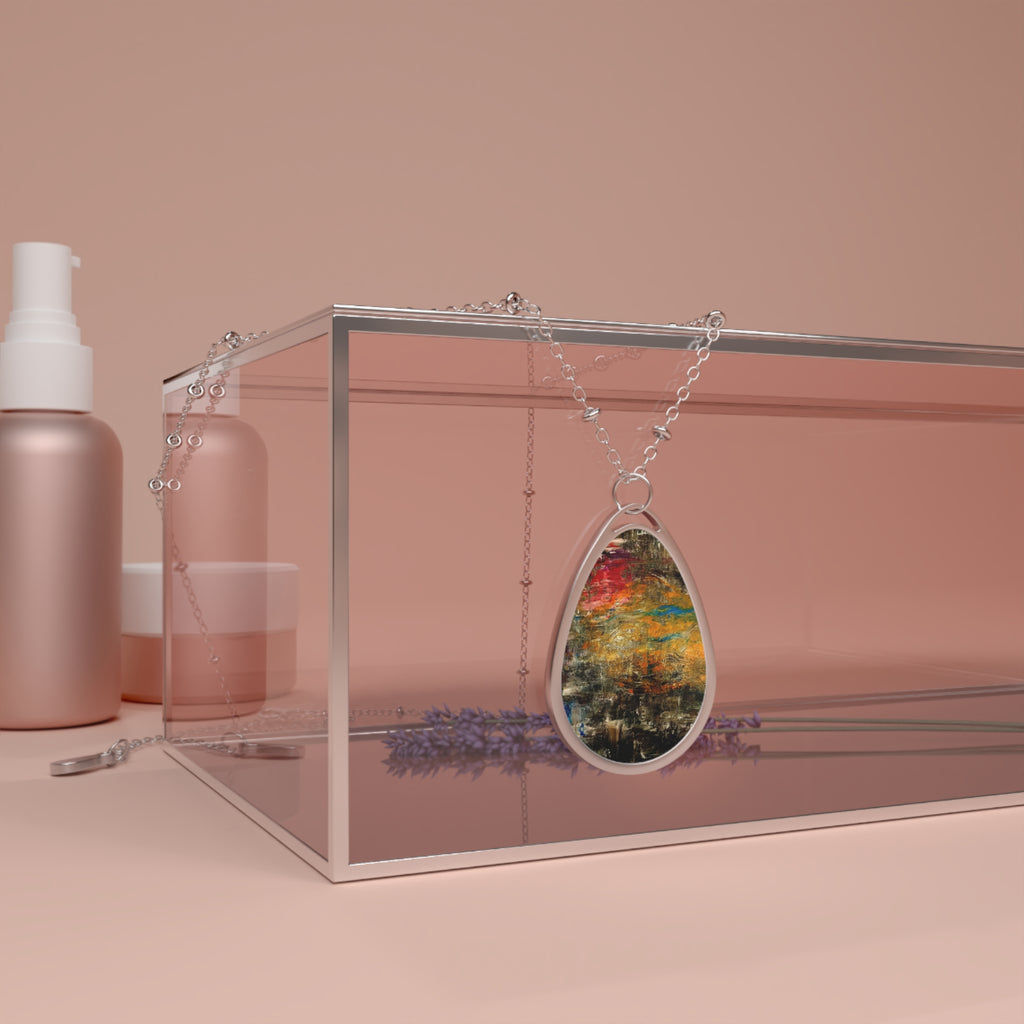 Abstract Sunset Oval Necklace — Artistic Teardrop Pendant Necklace