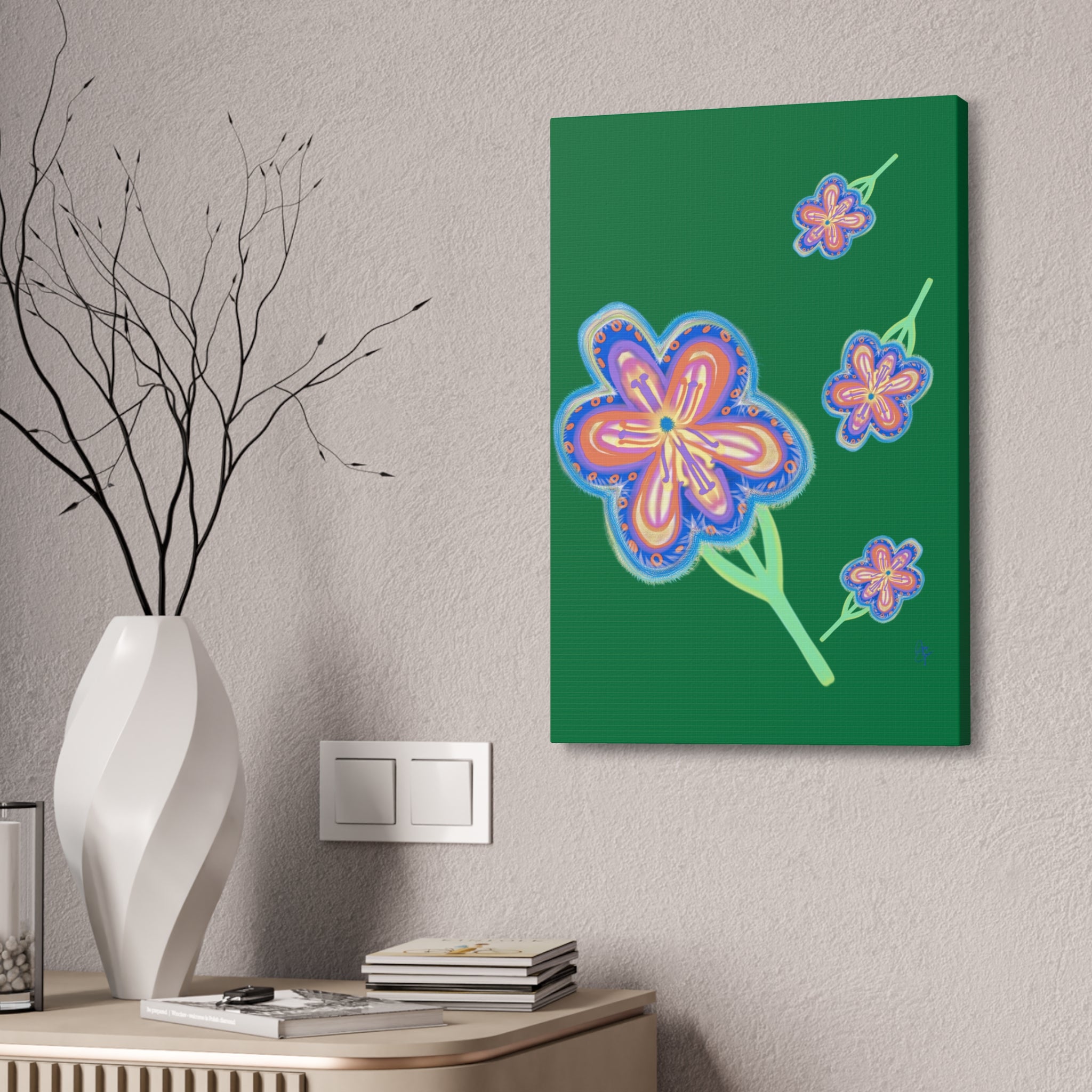 Floral Pop Canvas — Bright Blue Hand-Drawn Flowers Stretched Canvas