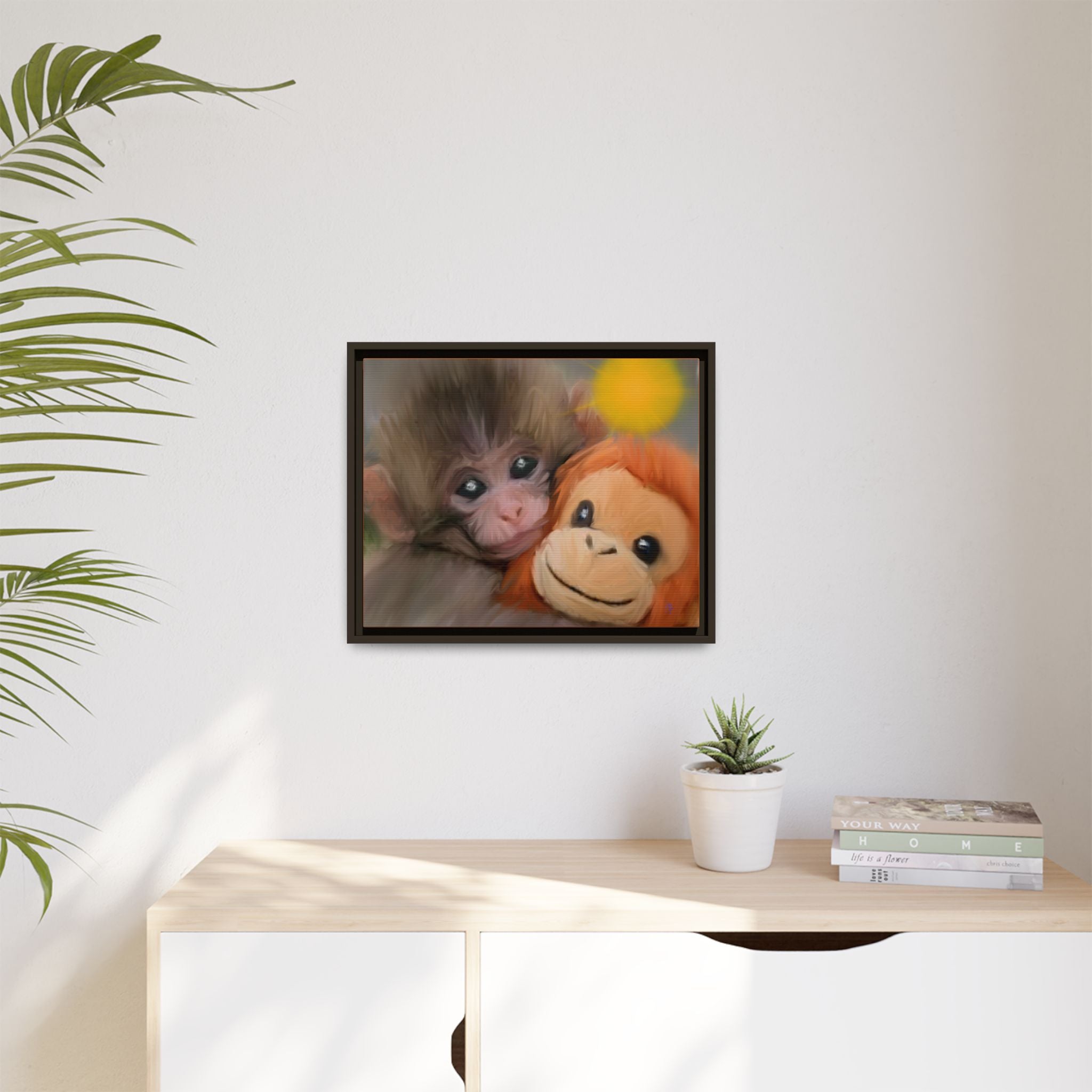 Framed Matte Canvas Print — Baby Monkey & Plush Orangutan Wall Art