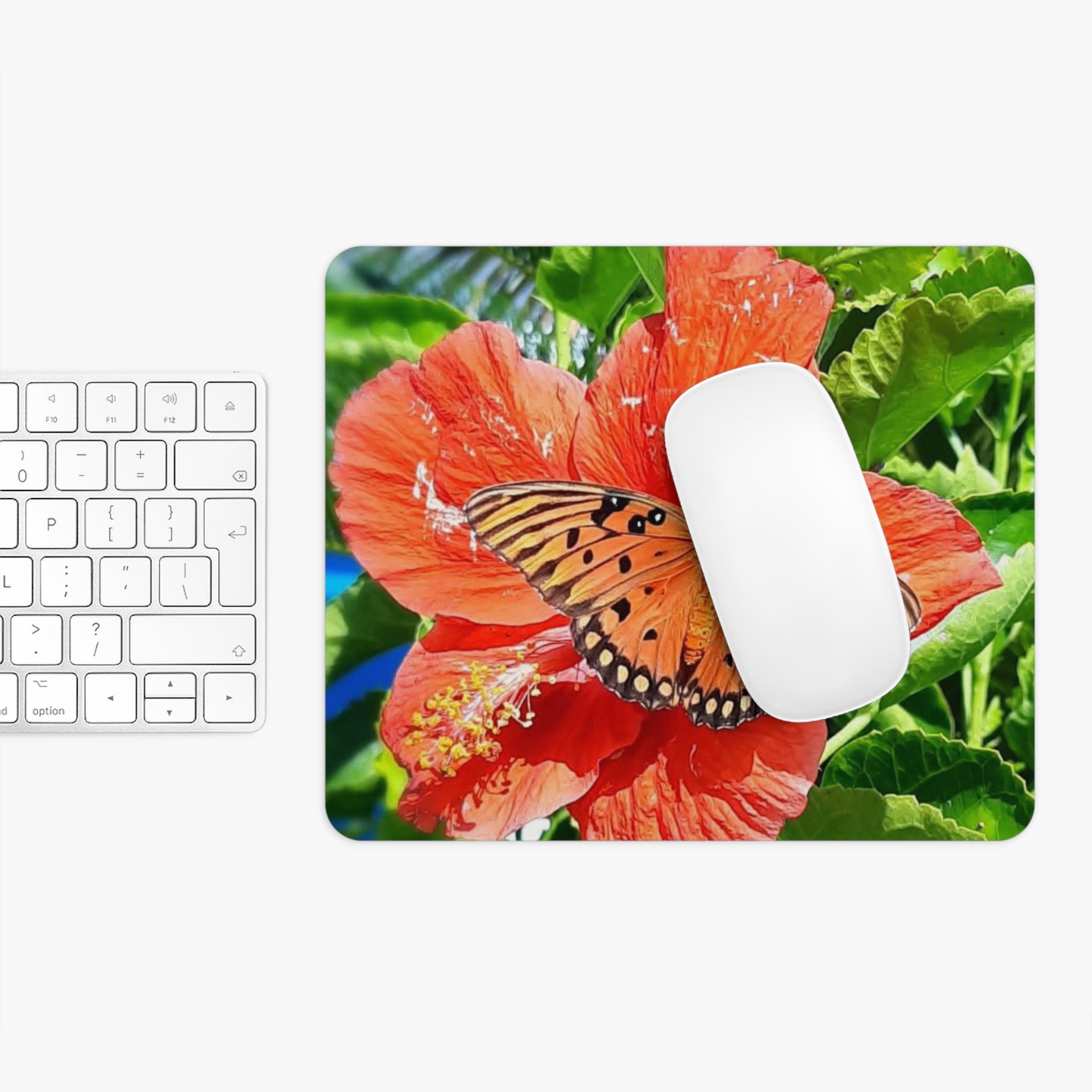 Butterfly on Hibiscus Mouse Pad — Tropical Floral Desk Mat