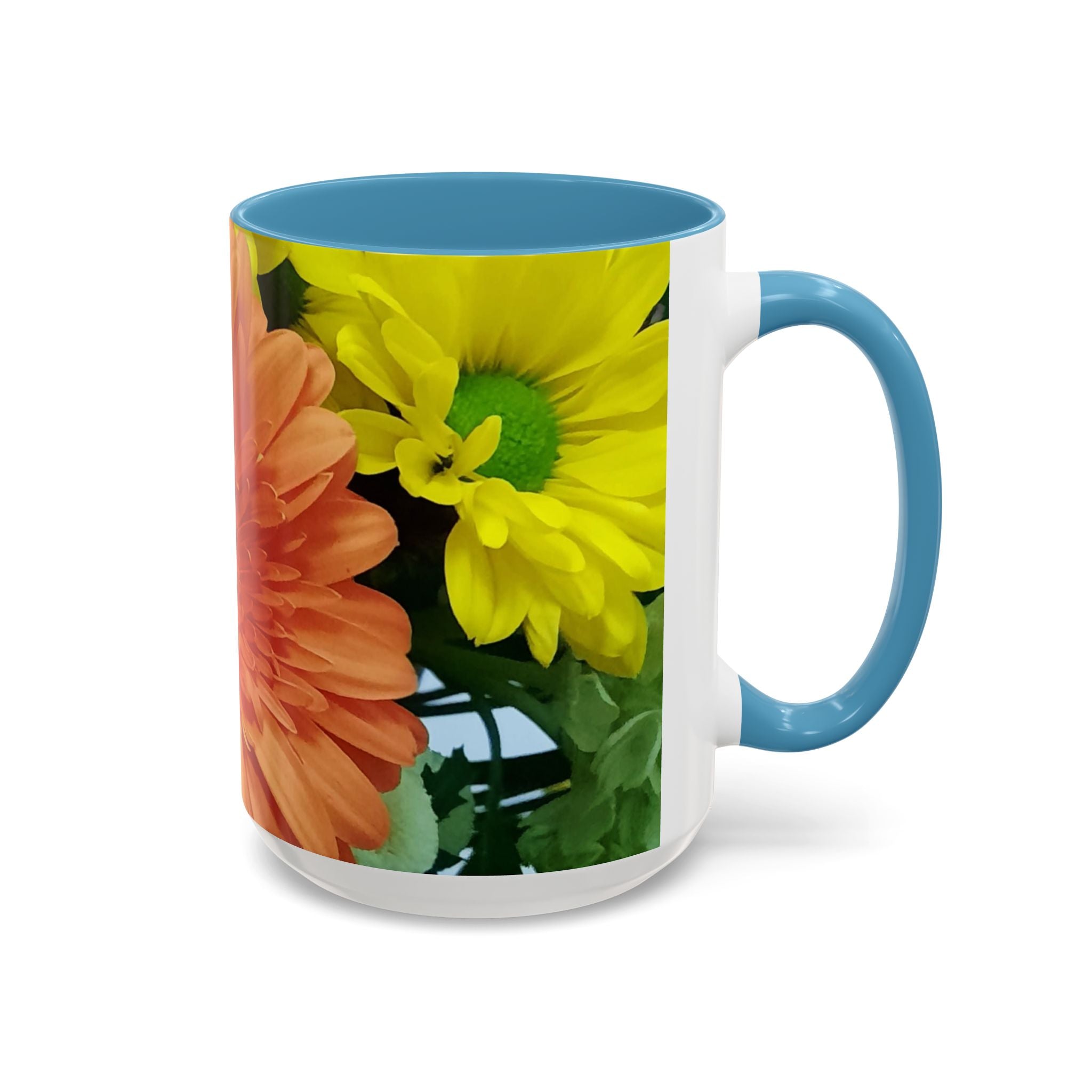Floral Gerbera Accent Coffee Mug — Orange & Yellow Daisy Photo Wrap (11/15 oz)