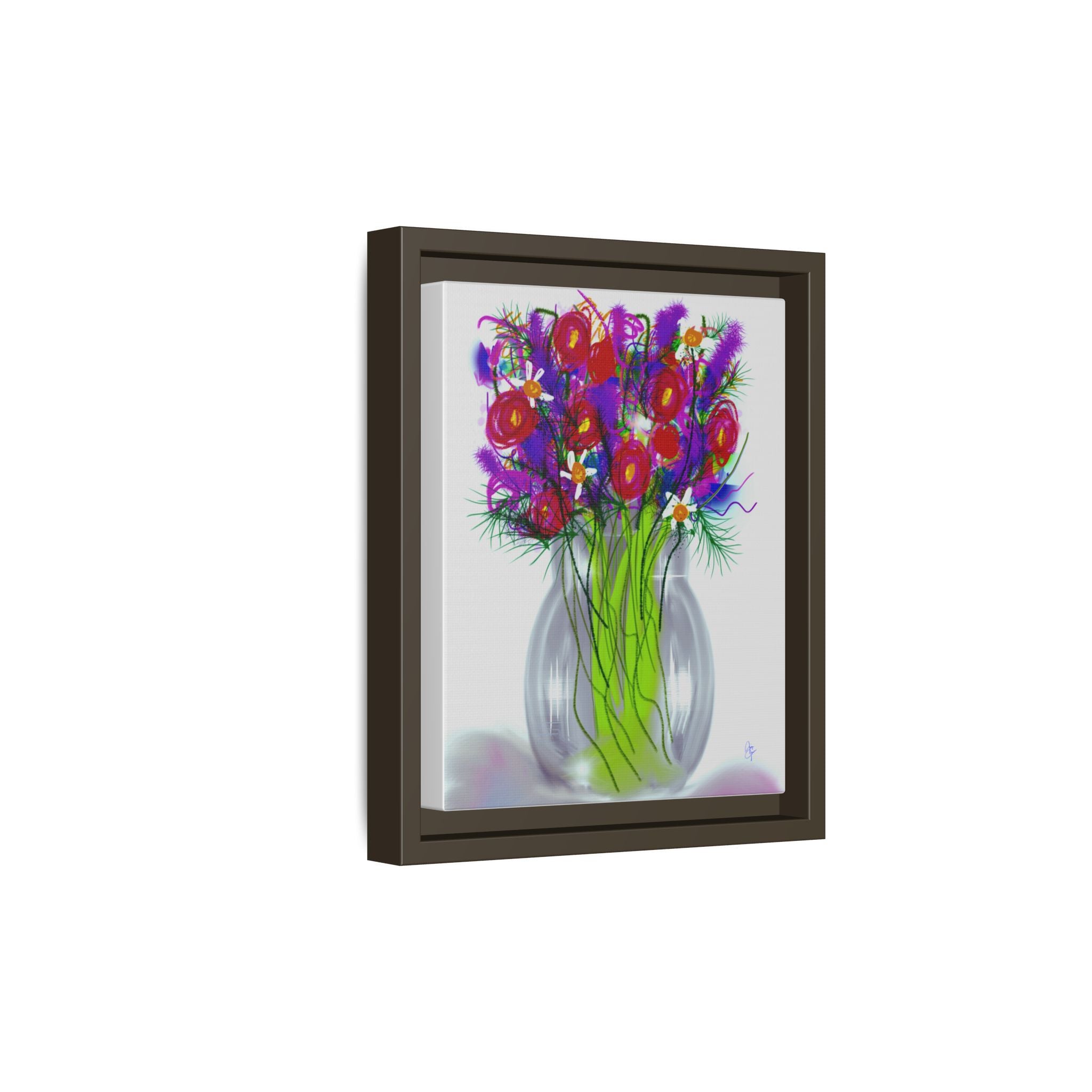 Framed Floral Bouquet Matte Canvas Wall Art — Colorful Abstract Flowers in Vase