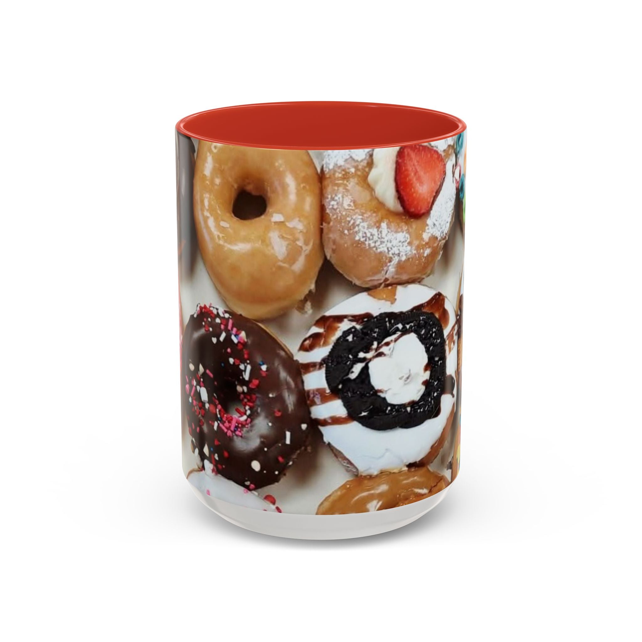 Donut Lover Accent Coffee Mug — Color Inside Rim & Handle, Photo-Print Assorted Donuts (11/15oz)