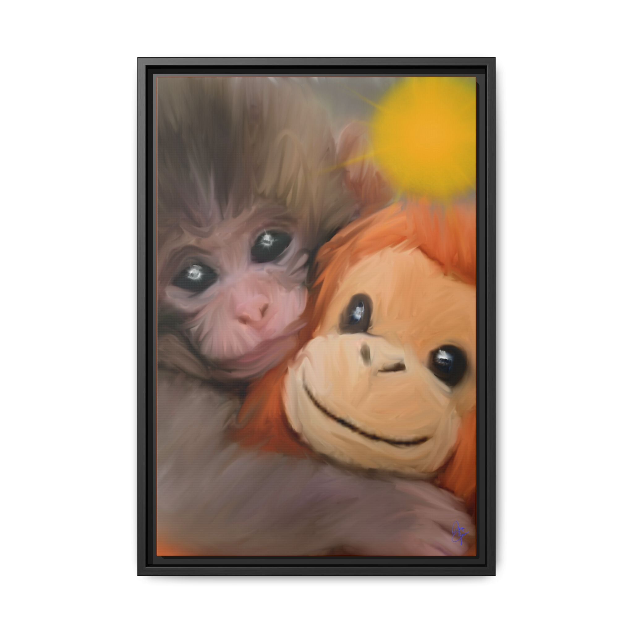 Framed Matte Canvas Print — Baby Monkey & Plush Orangutan Wall Art