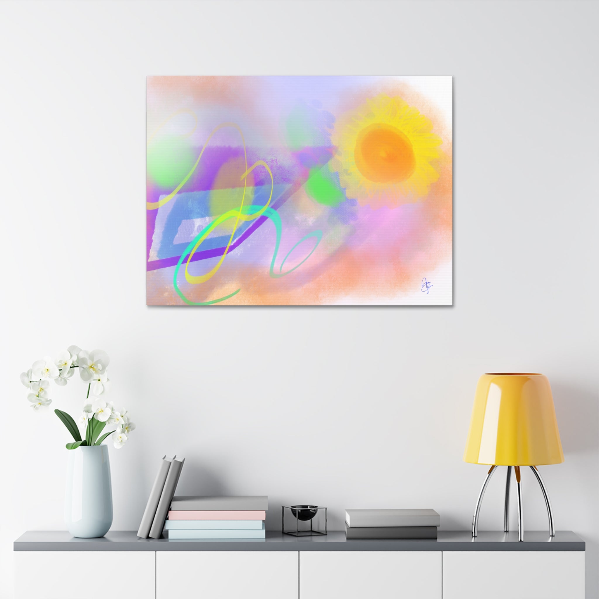 Abstract Sunrise Canvas Wall Art – Bright Pastel Sun & Swirls (1.5" Stretched)