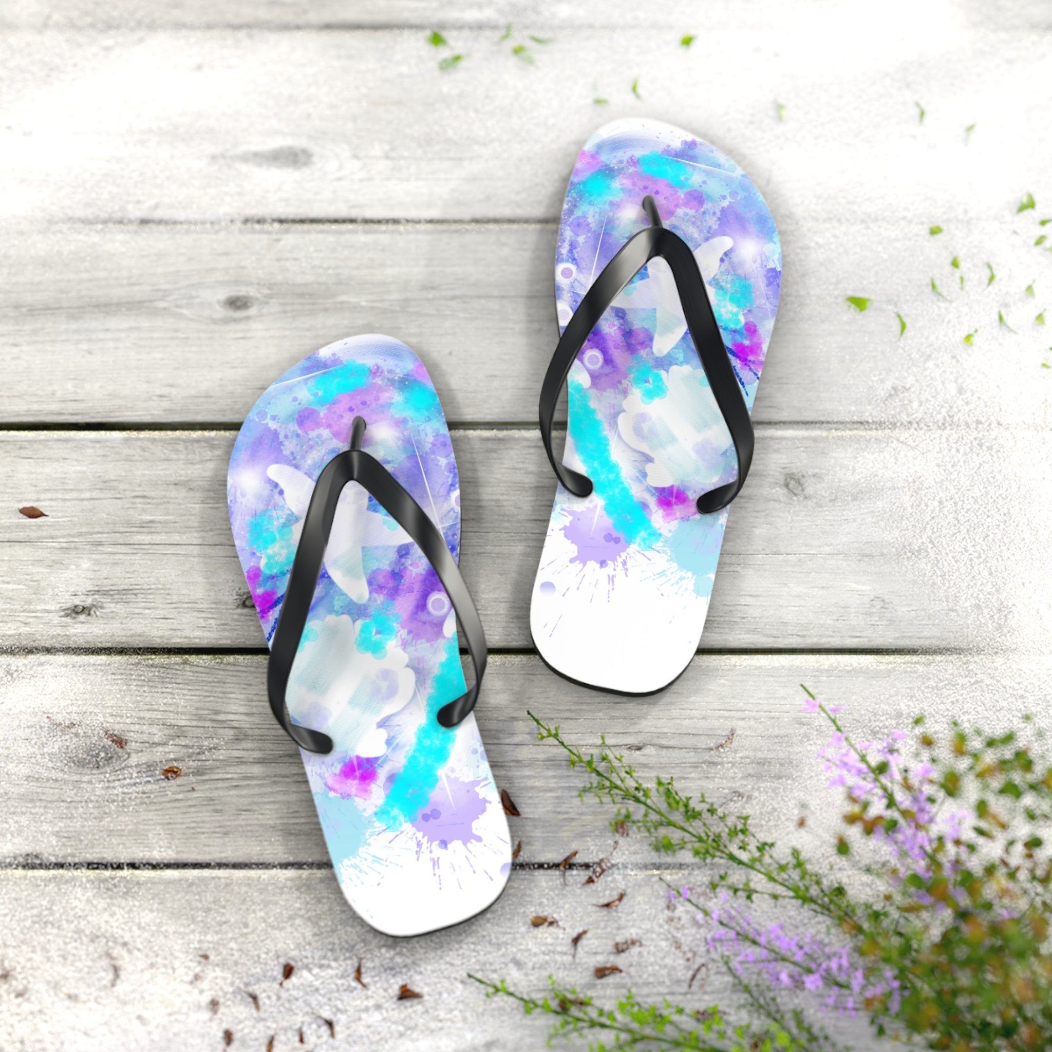 Watercolor Tie-Dye Flip Flops — Turquoise & Purple Beach Sandals