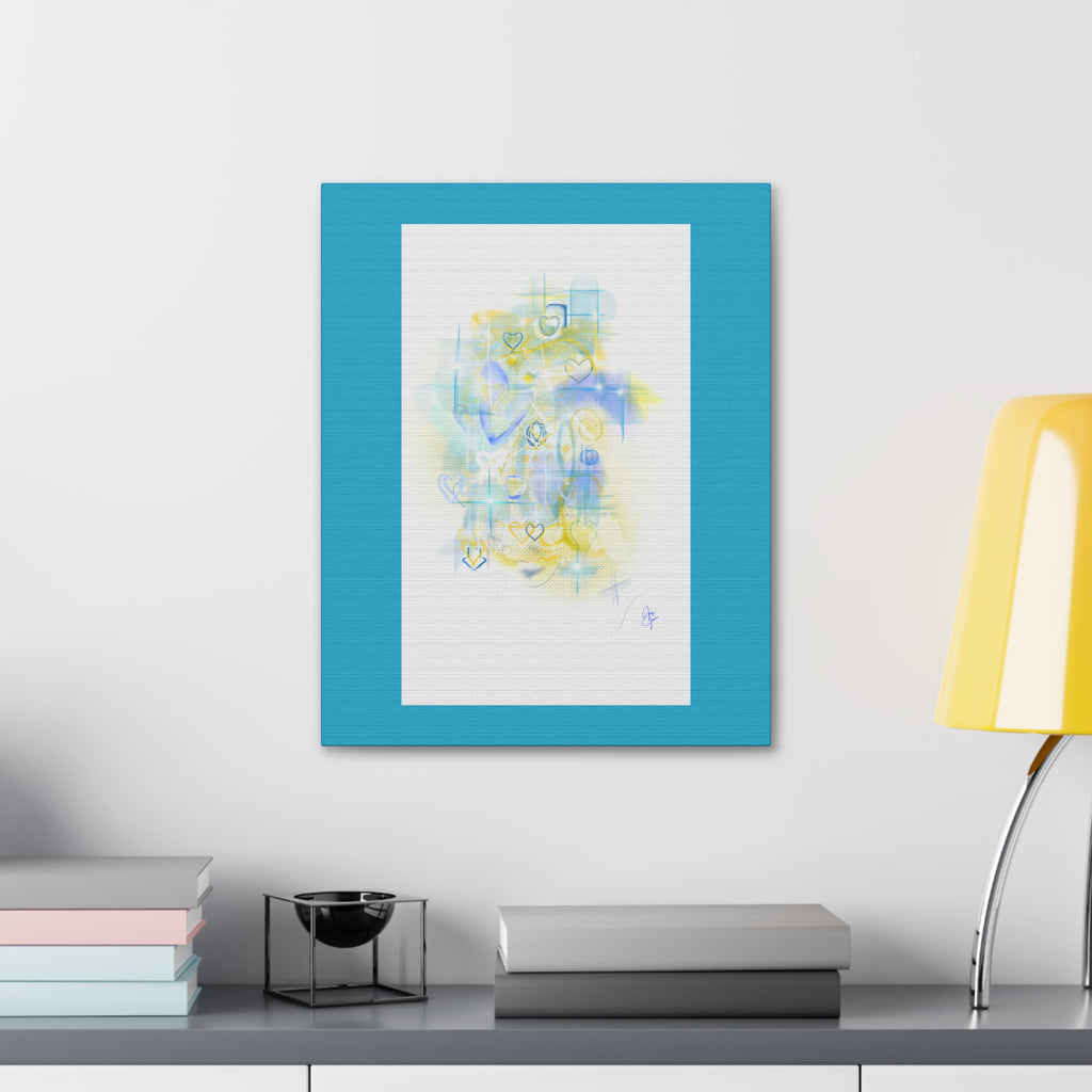 Pastel Heart Abstract Canvas Print — Blue & Yellow Stretched Wall Art (1.5")