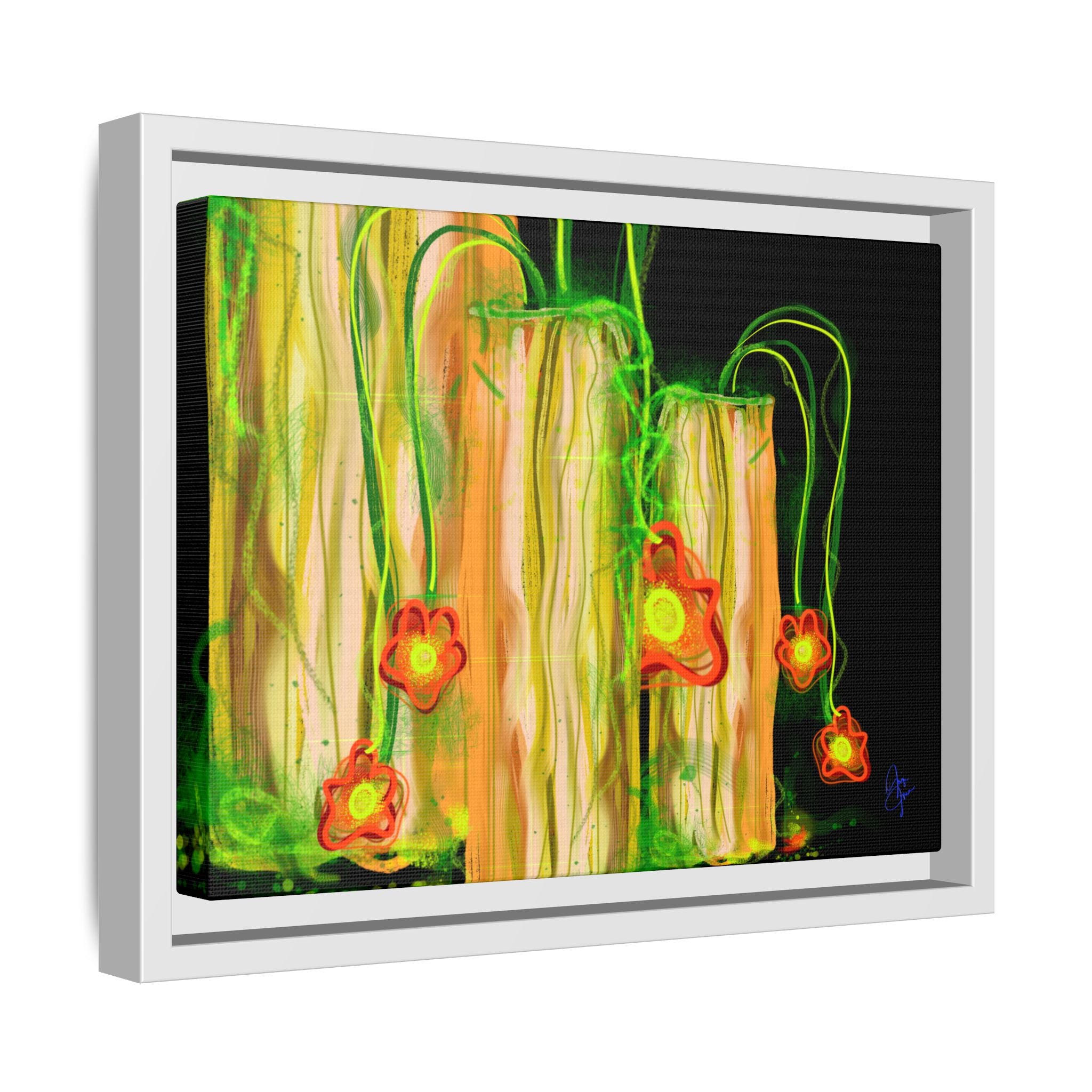Framed Matte Canvas Print — Neon Floral Candlelight Art