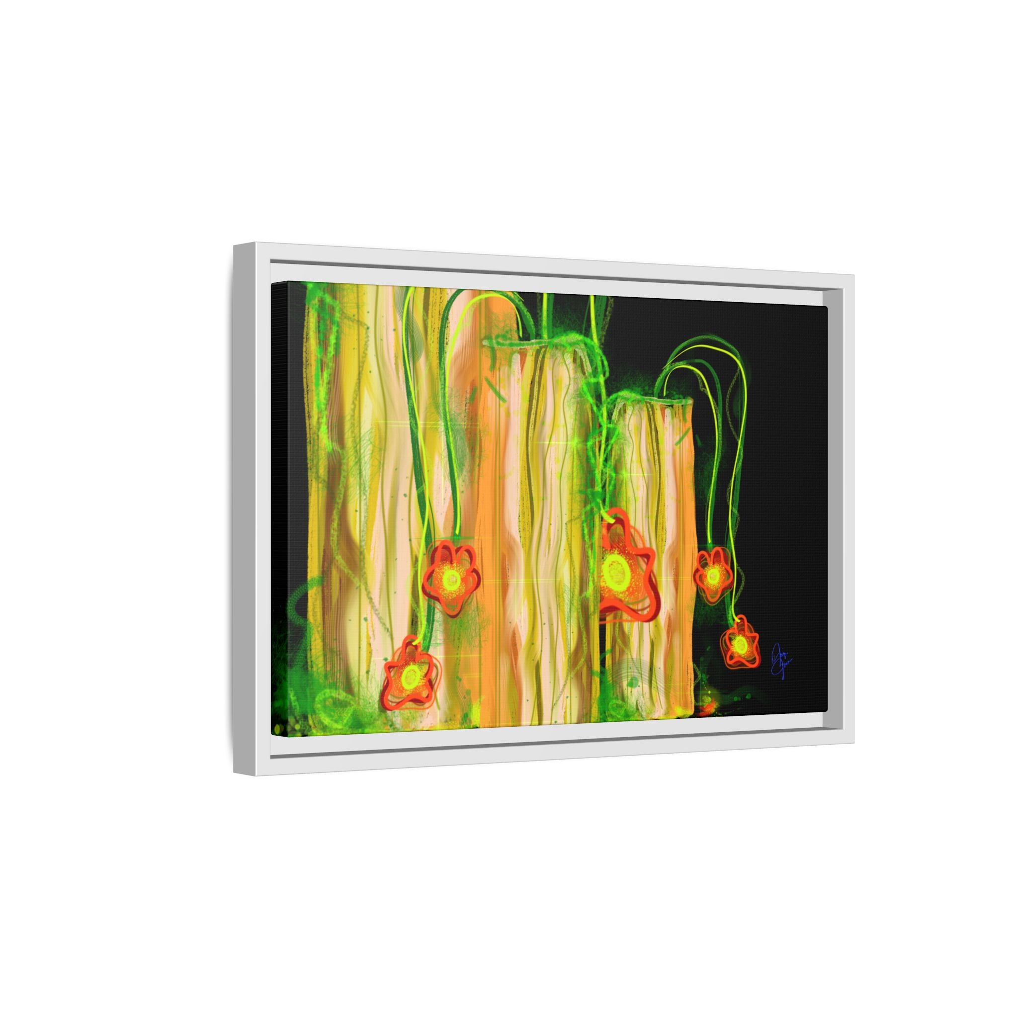 Framed Matte Canvas Print — Neon Floral Candlelight Art