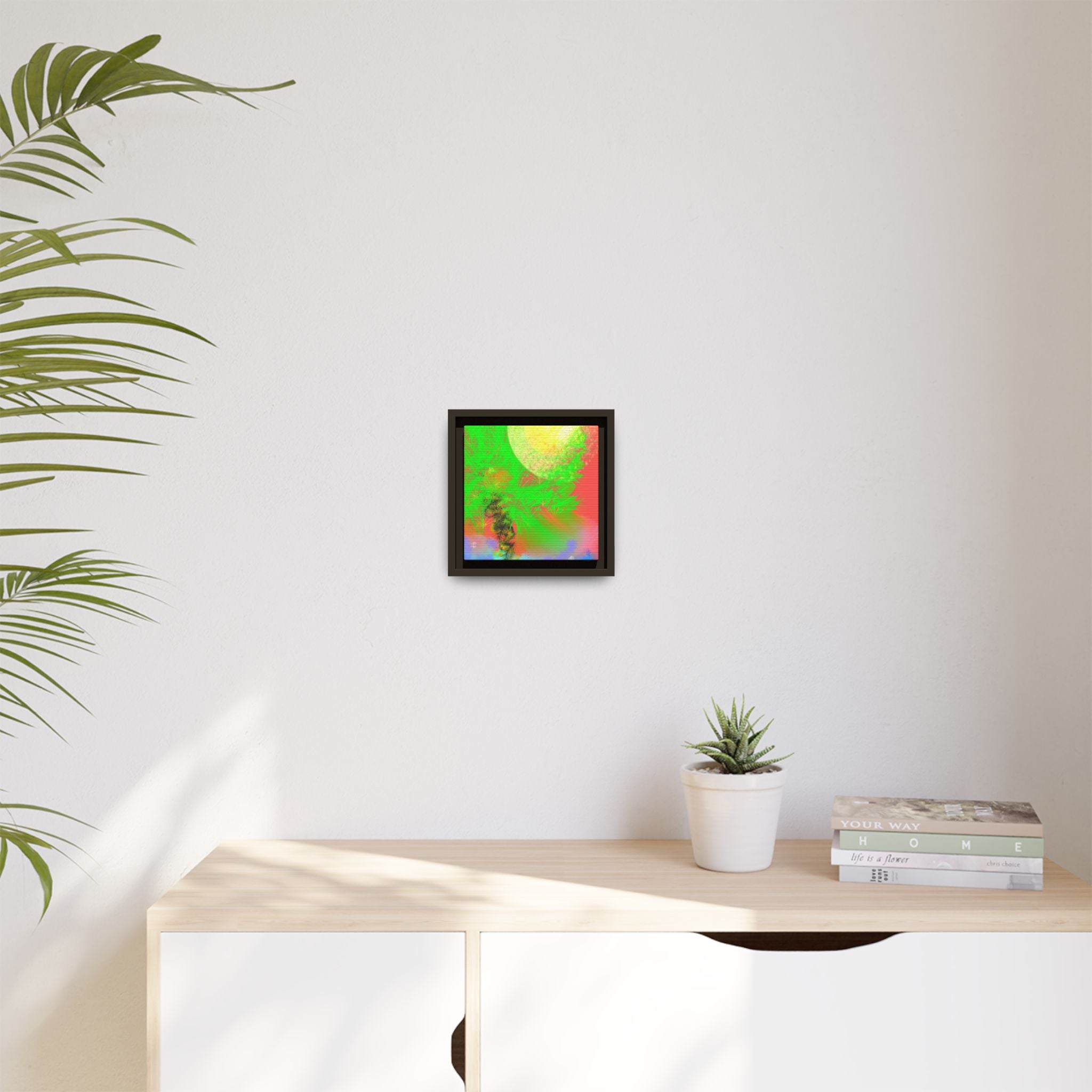 Abstract Neon Tree Matte Canvas Framed Art — Vibrant Green Moon Landscape