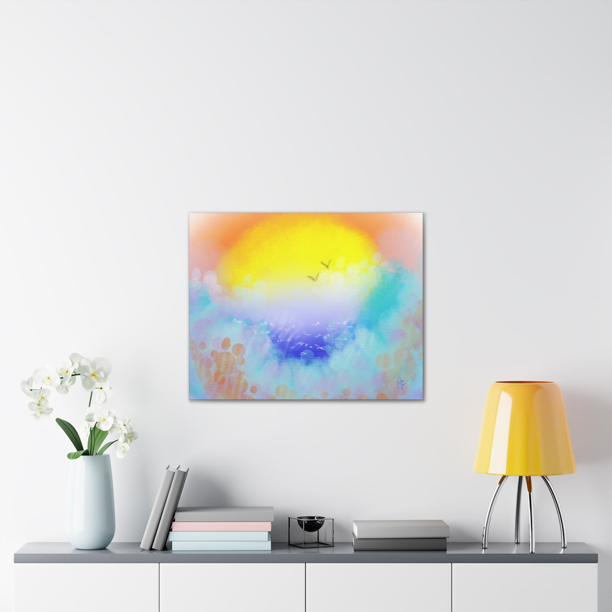 Sunrise Seascape Canvas Wall Art – Pastel Ocean Waves with Birds