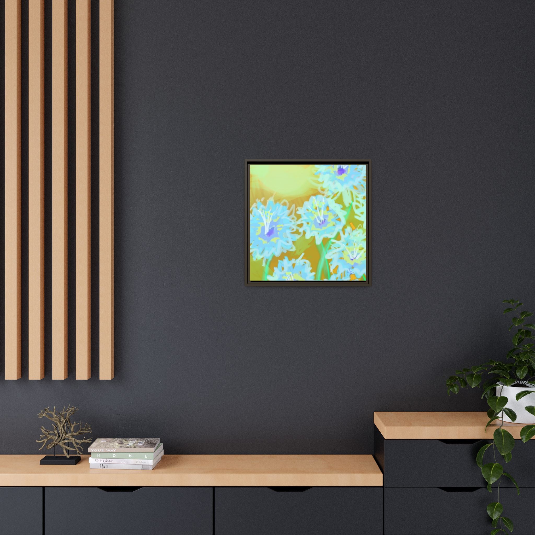 Framed Floral Canvas Art — Blue & Yellow Abstract Bouquet (Matte)