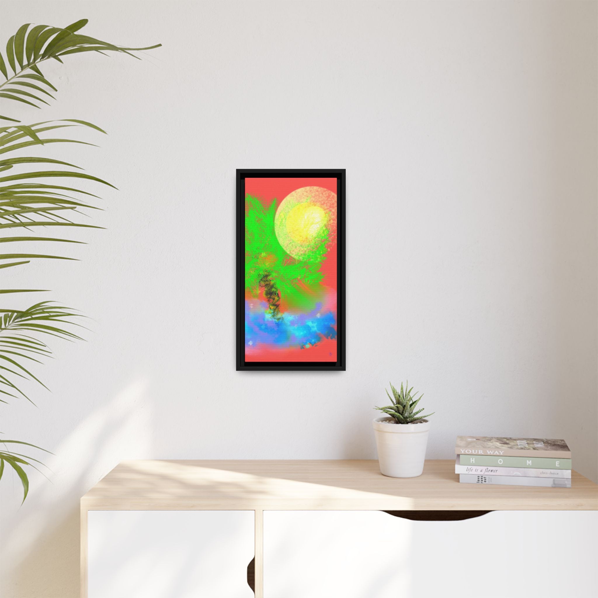 Abstract Neon Tree Matte Canvas Framed Art — Vibrant Green Moon Landscape